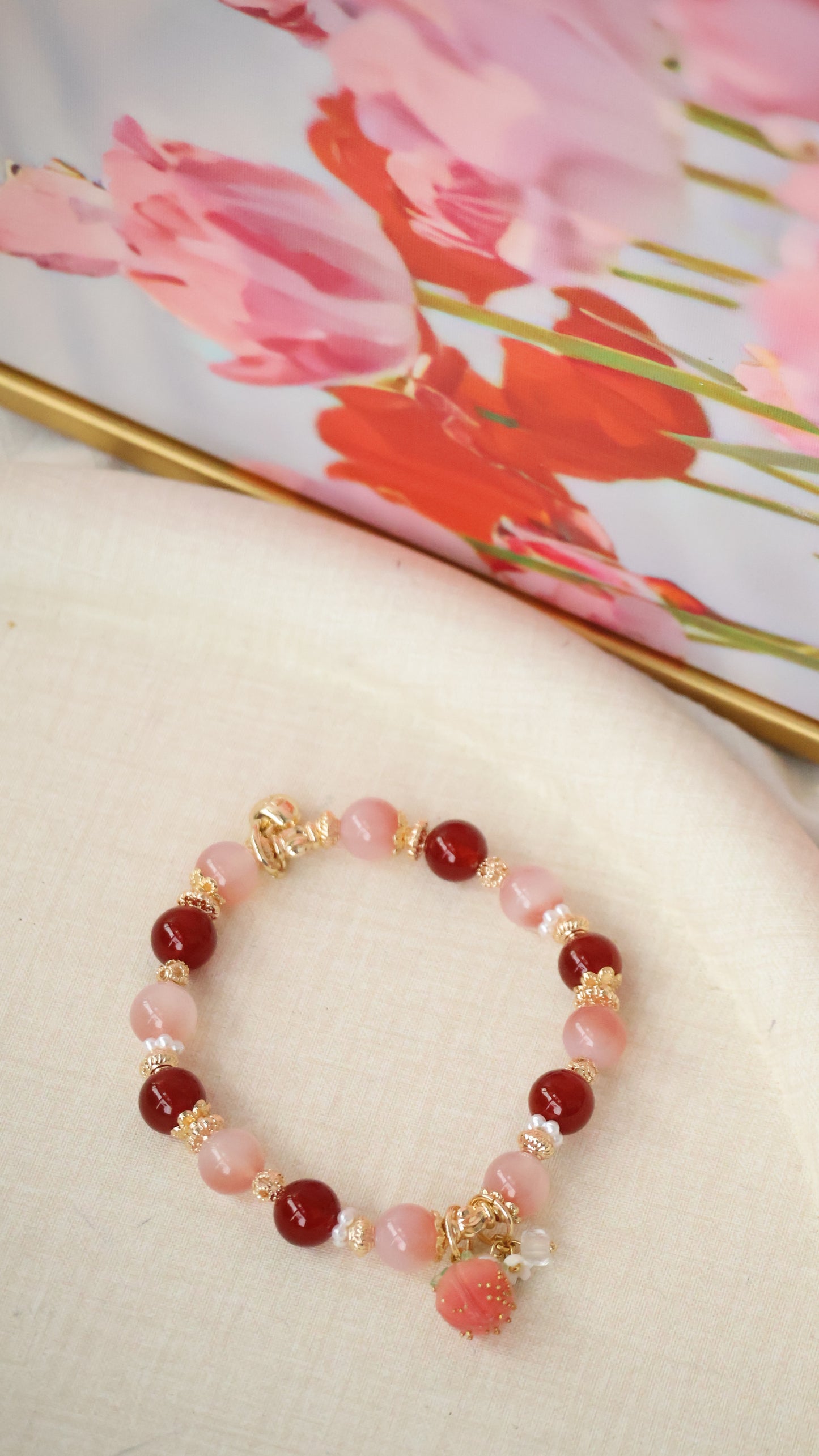 *Backorder* Bloom - Carnelian & Yan Yuan Agate with Bejeweled Strawberry Crystal Bracelet (Elastic)