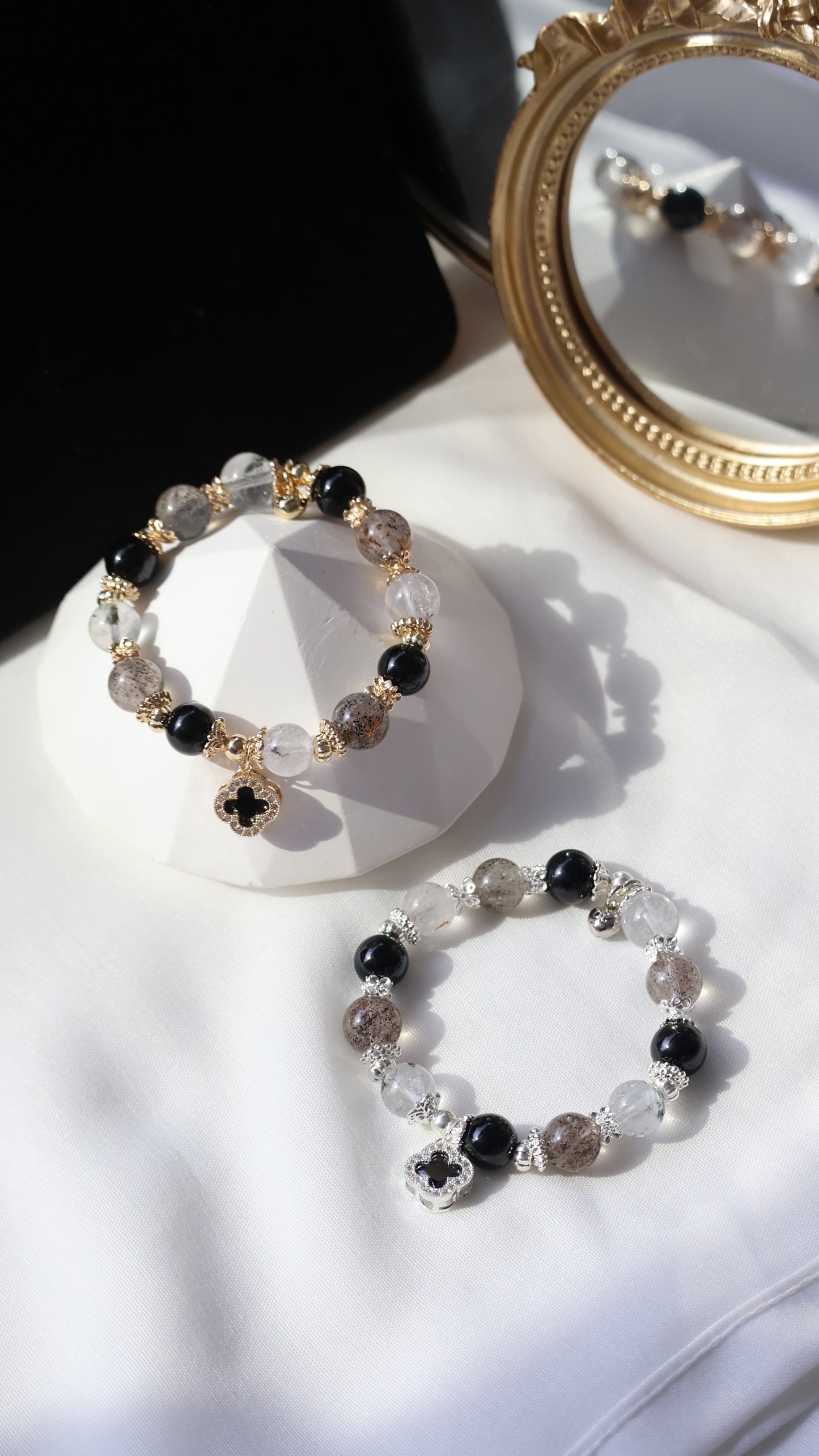 *Backorder* Cordelia Twin - Black Strawberry Quartz, Black Tourmaline & Herkimer Diamond with Sparkly Black Clover Crystal Bracelet (Elastic)