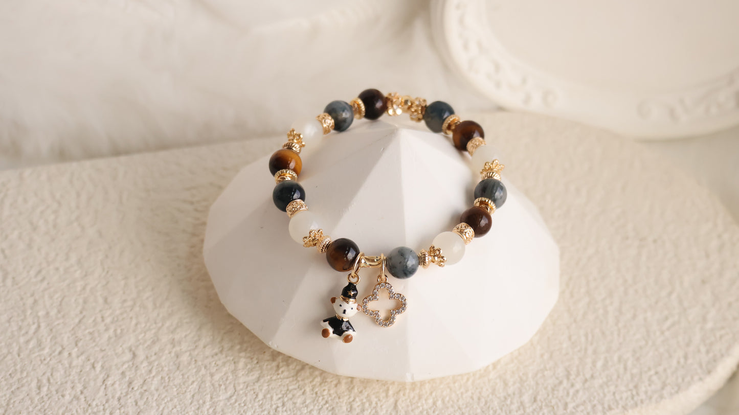 *Instocks* 6mm/8mm/10mm Polo RL - Pietersite, Tiger's Eye & Moonstone with Bear & Clover Crystal Bracelet (Elastic)