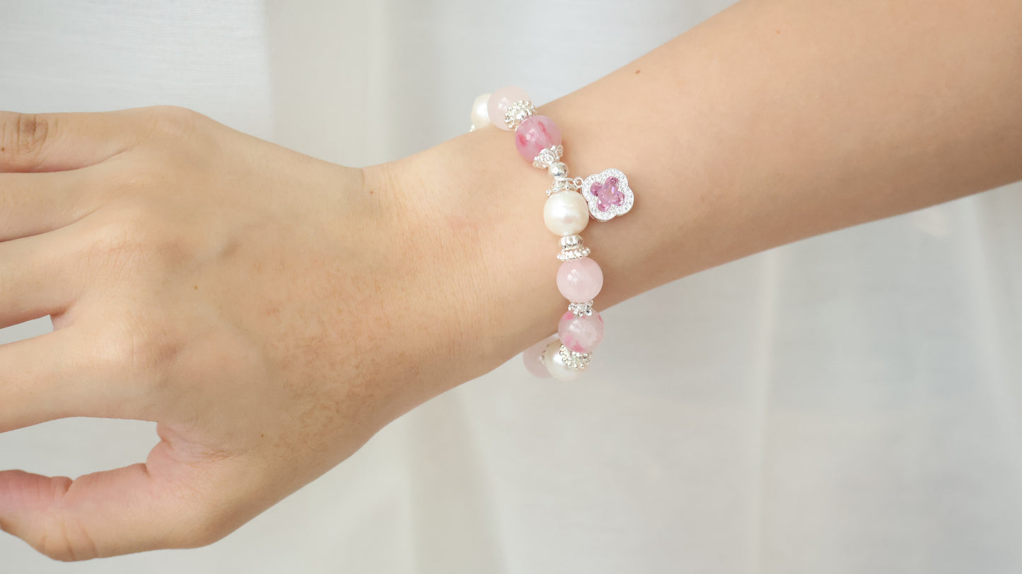 *Backorder* Cordelia Twin - Sakura Rhodonite, Rose Quartz & Freshwater Pearl with Sparkly Pink Clover Crystal Bracelet (Elastic)