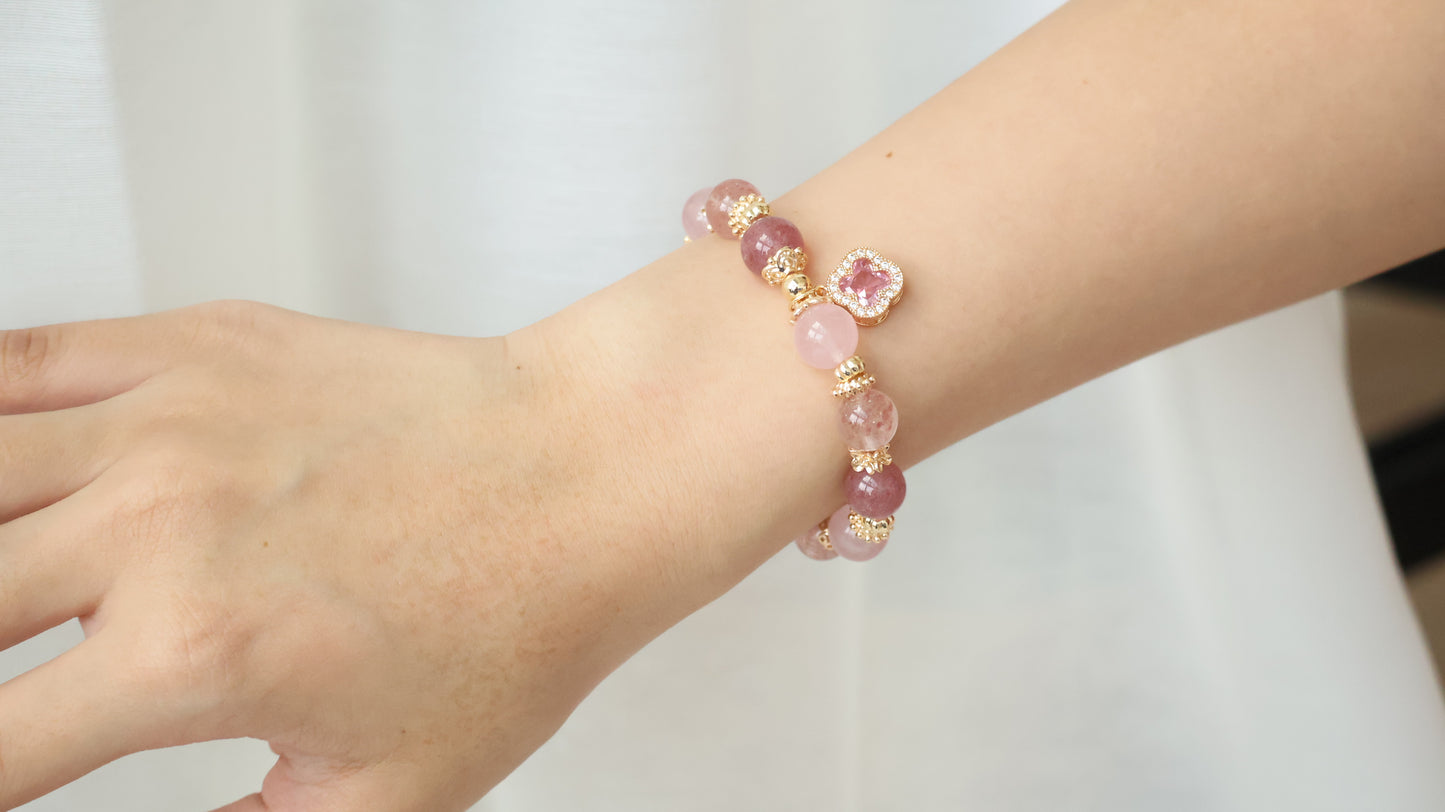 *Backorder* Cordelia Twin - Strawberry Quartz & Rose Quartz with Sparkly Pink Clover Crystal Bracelet (Elastic)