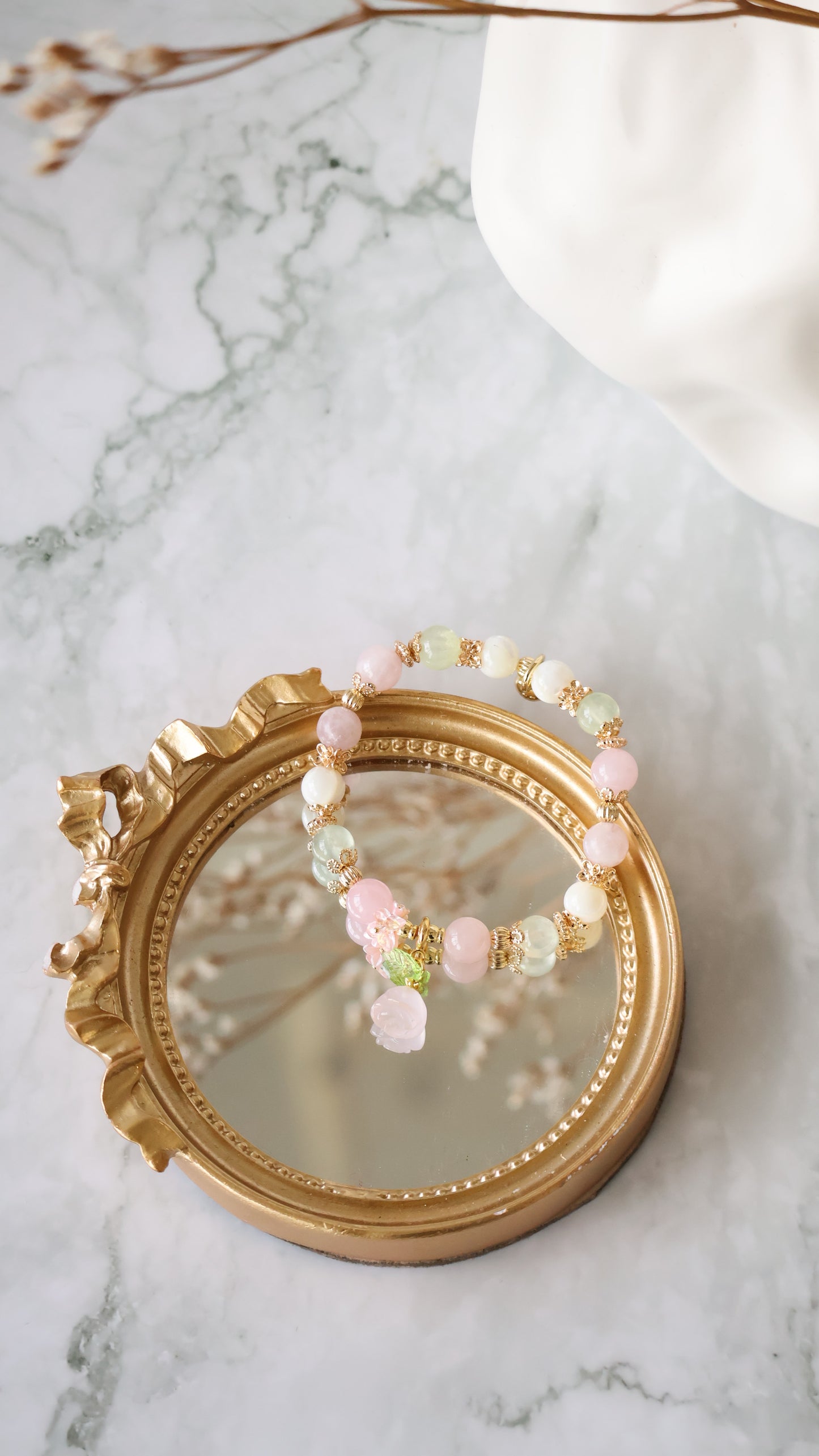 *Instocks* Prehnite, White Conch & Pink Purple Emerald Mica with Rose Quartz Dangly Rose & Bouquet Crystal Bracelet (Elastic)