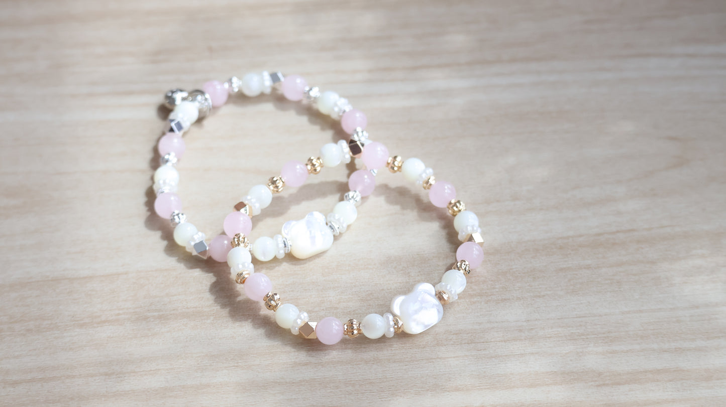 *Instocks* Rose Quartz & White Conch with White Conch Bear Crystal Bracelet (Elastic)