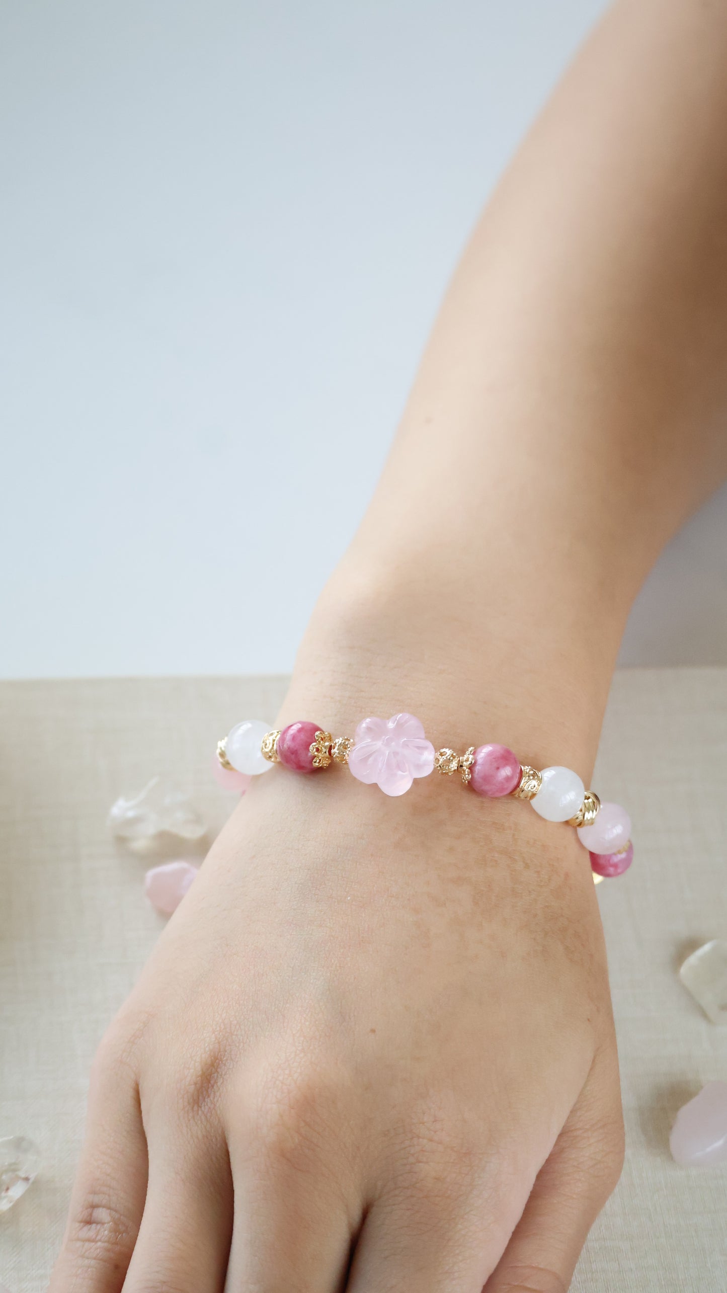 *Backorder* Sakura Flower - Sakura Rhodonite, White Phantom Quartz, Rose Quartz & Pink Chalcedony Half Bangle Crystal Bracelet (Elastic)