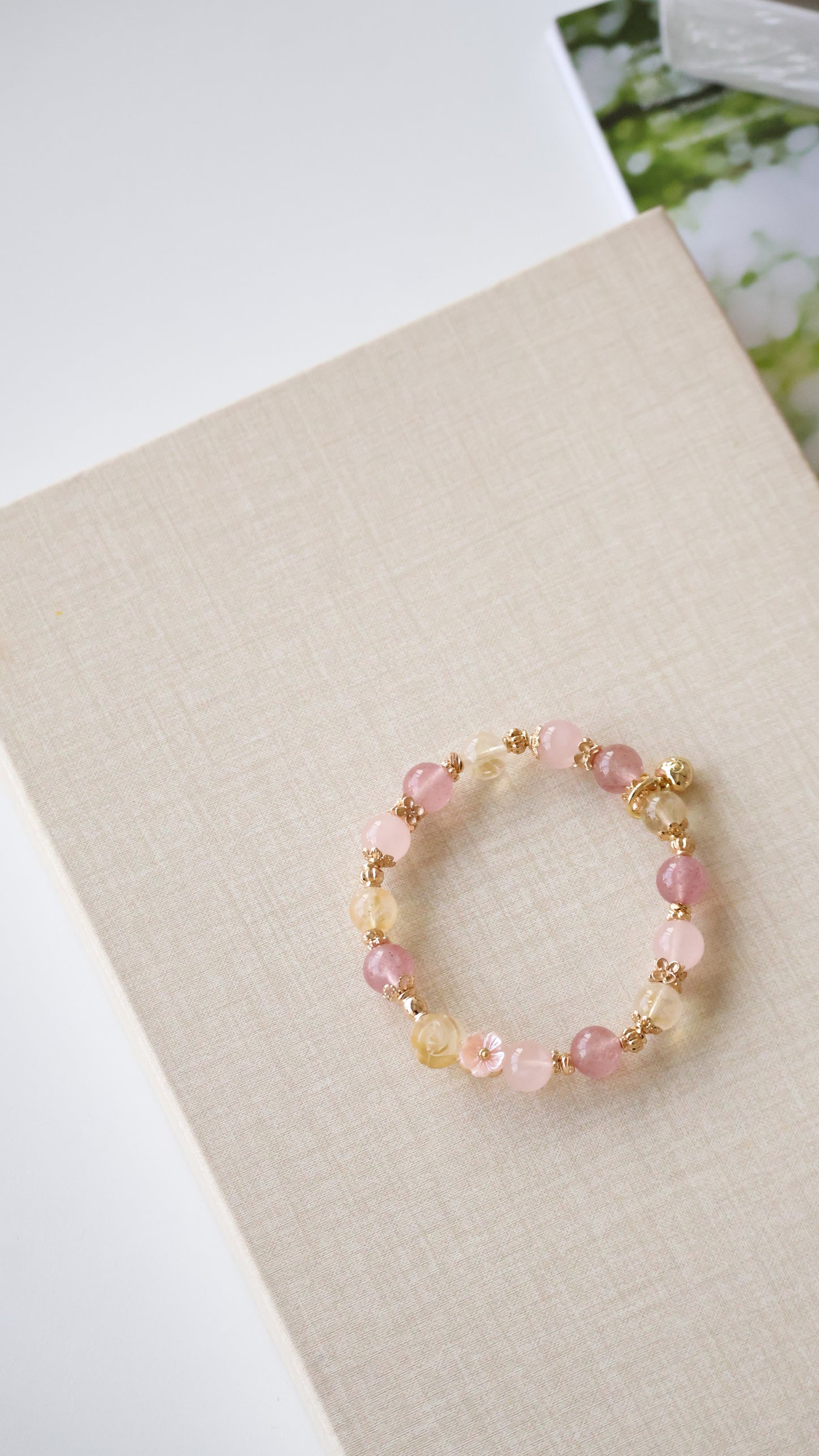 *Backorder* Rosie - Strawberry Quartz, Rose Quartz & Citrine with Citrine Rose Crystal Bracelet (Elastic)