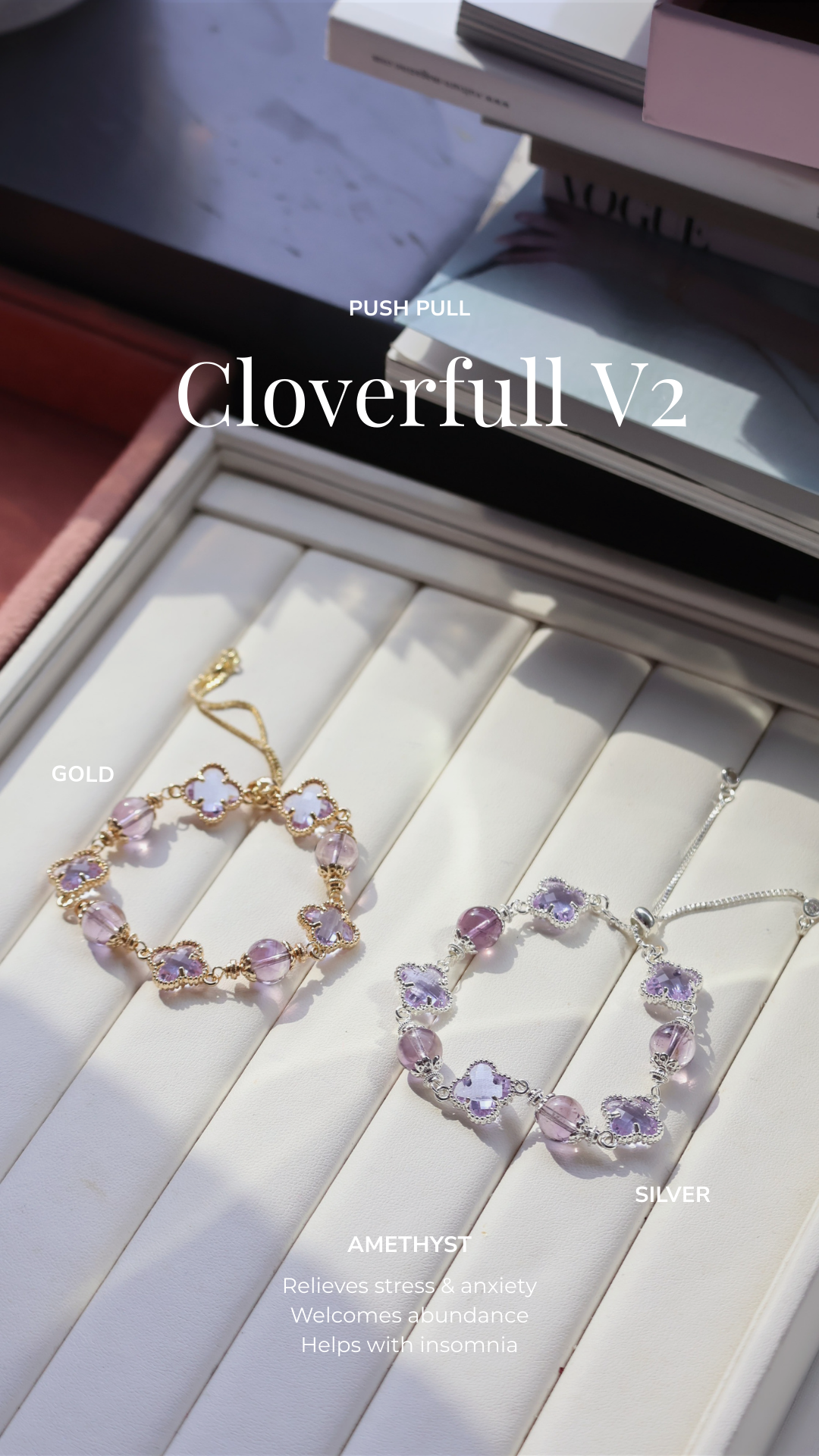 *Backorder* Cloverfull V2 - Rose Quartz/Amethyst/Honey Citrine Crystal Bracelet (Push pull)