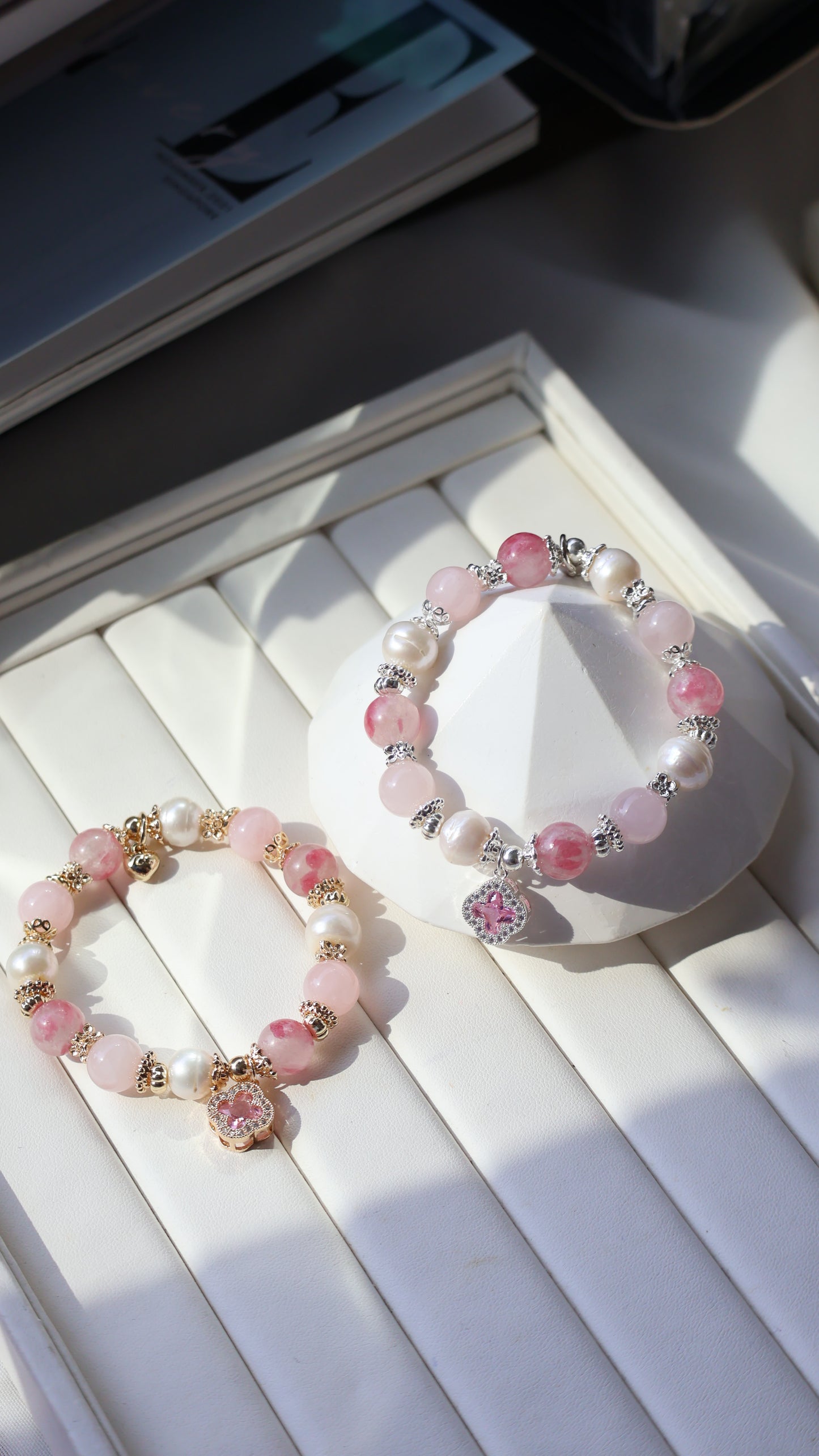 *Backorder* Cordelia Twin - Sakura Rhodonite, Rose Quartz & Freshwater Pearl with Sparkly Pink Clover Crystal Bracelet (Elastic)