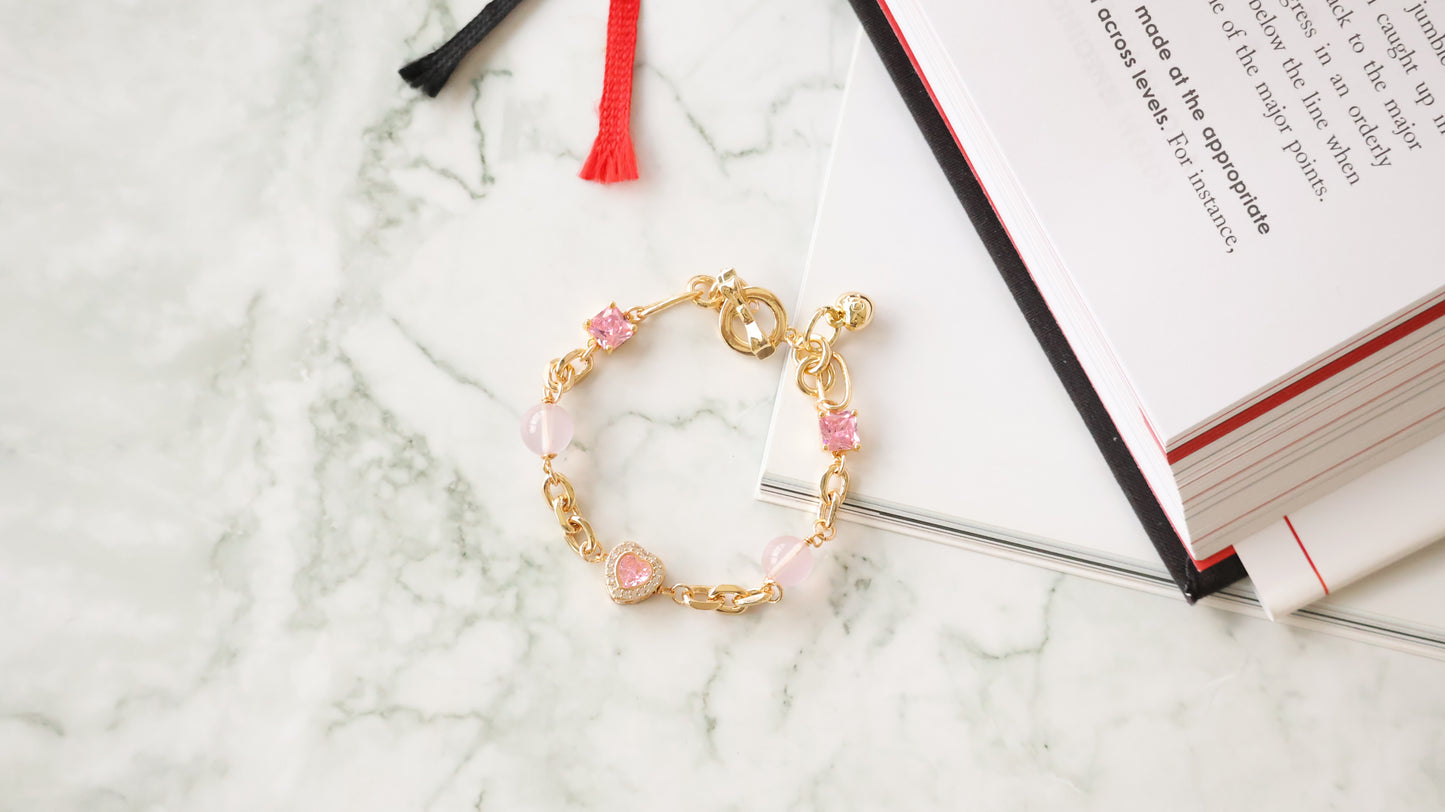 *Backorder* Delina - Chain with Rose Quartz, Pink Heart & Pink Gemstones Crystal Bracelet (OT Clasp)