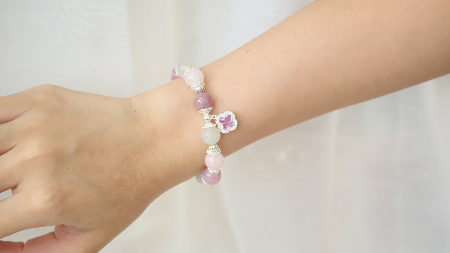 *Backorder* Cordelia Twin - Lavender Rose Quartz, Rose Quartz & White Flash Moonstone with Sparkly Pink Clover Crystal Bracelet (Elastic)