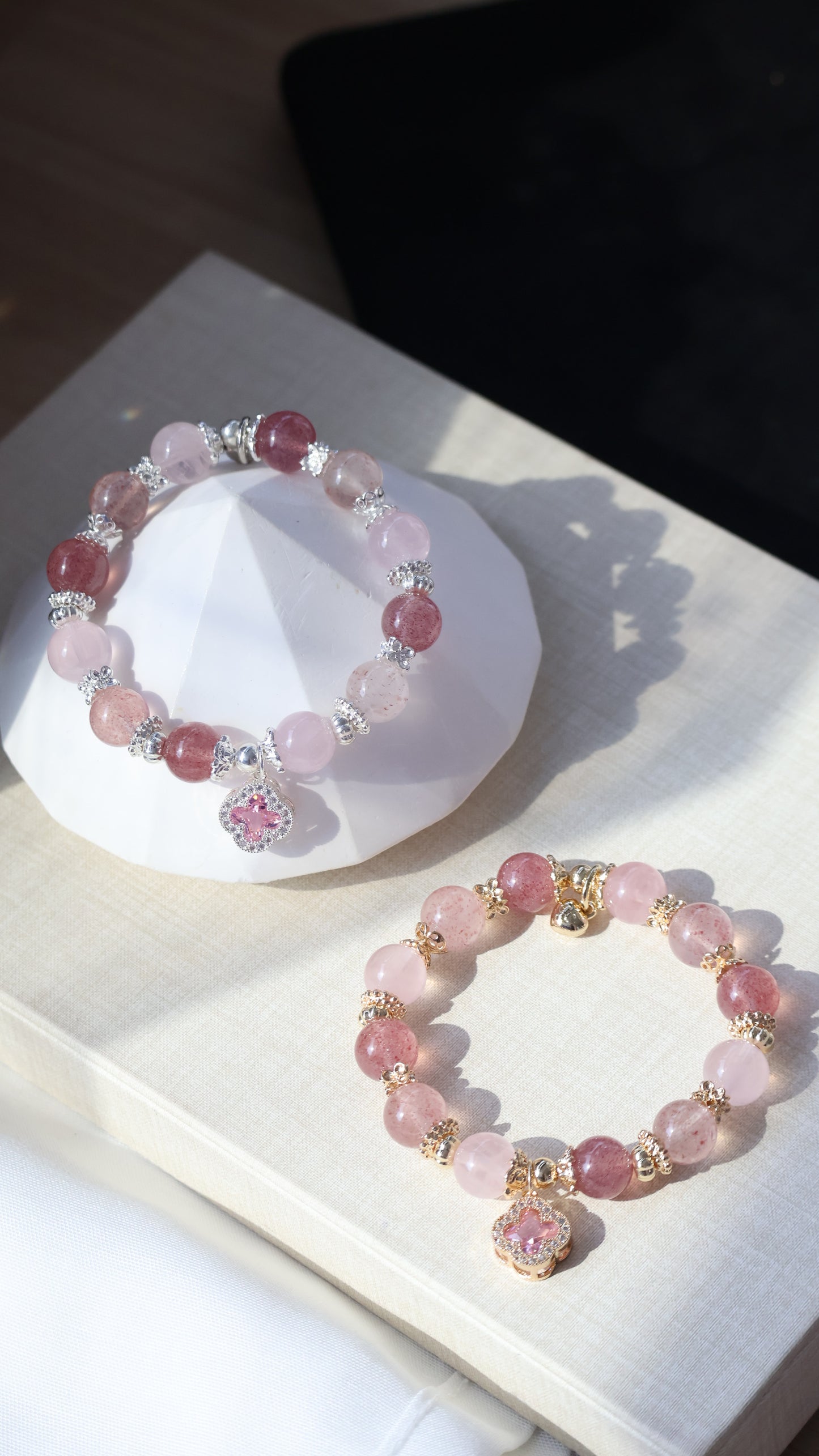 *Backorder* Cordelia Twin - Strawberry Quartz & Rose Quartz with Sparkly Pink Clover Crystal Bracelet (Elastic)