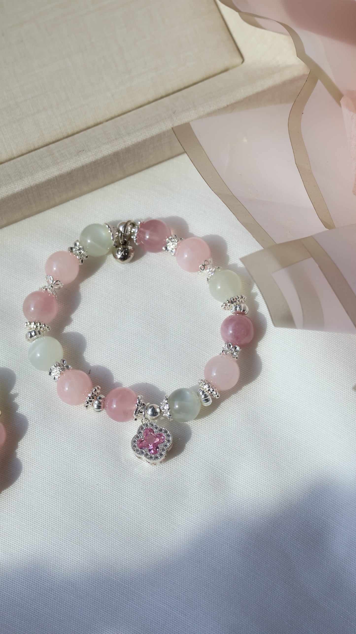 *Backorder* Cordelia Twin - Lavender Rose Quartz, Rose Quartz & White Flash Moonstone with Sparkly Pink Clover Crystal Bracelet (Elastic)