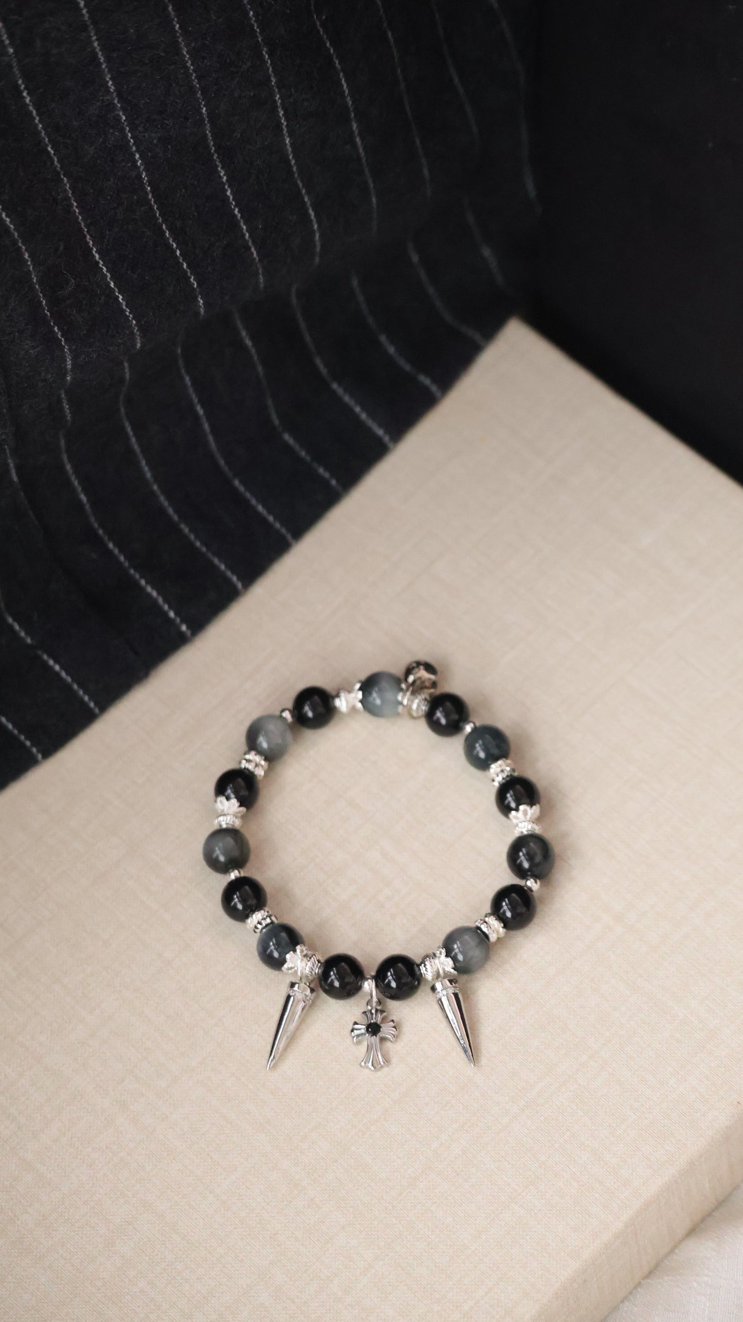 *Backorder* Grunge - Grey Tiger's Eye & Black Tourmaline with Spikes & Cross Crystal Bracelet (Elastic)