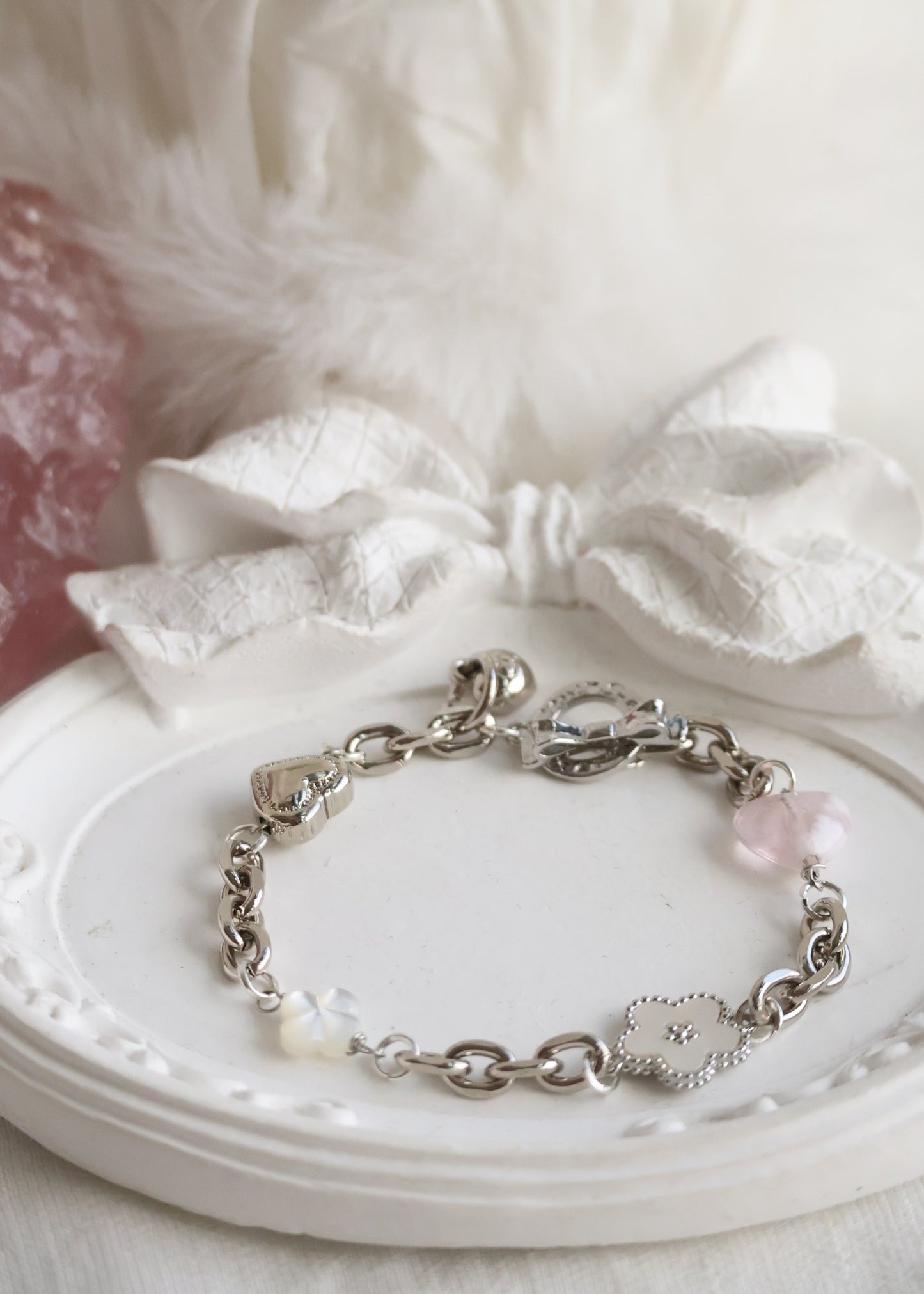*Backorder* Celine - Chain with Snow Garden Rose Quartz Heart, MOP Clover & Flower Crystal Bracelet (OT Clasp) 2.0
