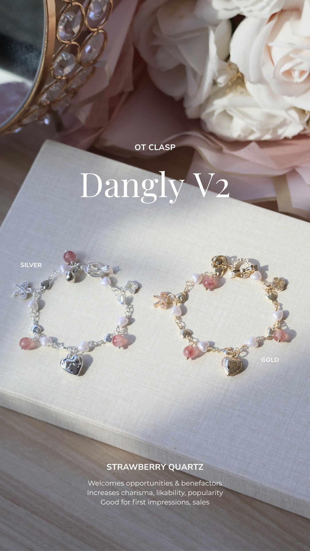 *Backorder* Dangly V2 - Strawberry Quartz Crystal Bracelet (OT Clasp)