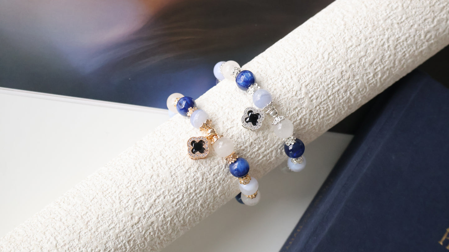 *Instocks* Cordelia Twin - Blue Kyanite, Blue Lace Agate & White Phantom Quartz with Sparkly Blue Clover Crystal Bracelet (Elastic)