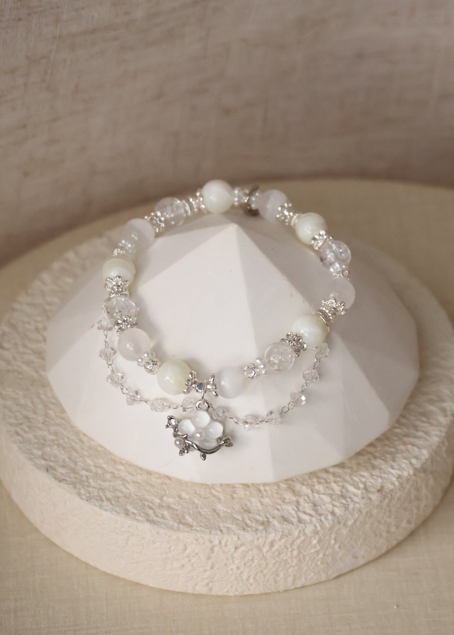 *Backorder* Florentine - Clear Quartz, White Conch & Satin Spar with Danglys and Flower Crystal Bracelet (Elastic)