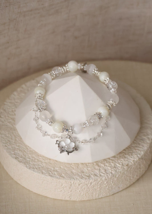 *Instocks* Florentine - Clear Quartz, White Conch & Satin Spar with Danglys & Sakura Flower Crystal Bracelet (Elastic)