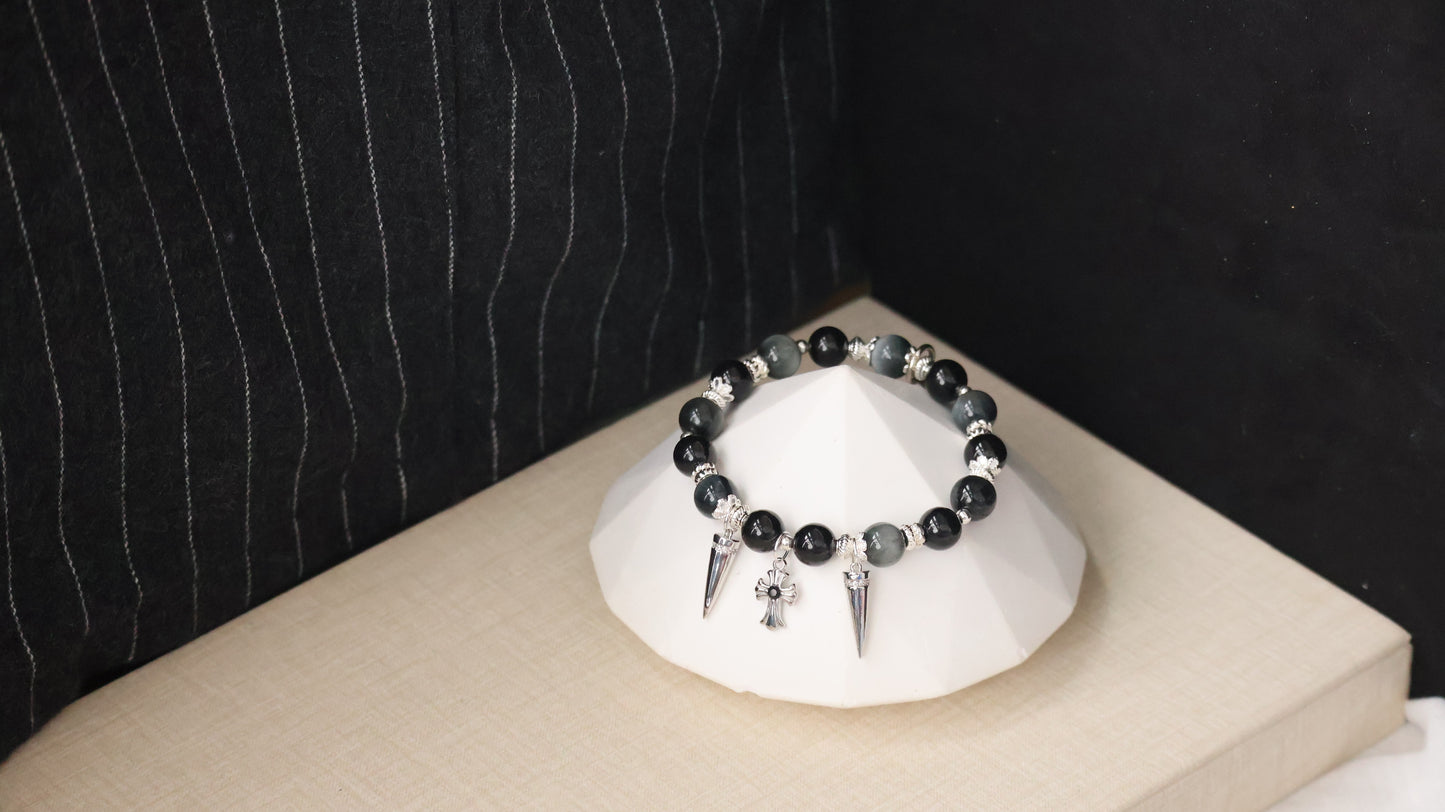 *Backorder* Grunge - Grey Tiger's Eye & Black Tourmaline with Spikes & Cross Crystal Bracelet (Elastic)