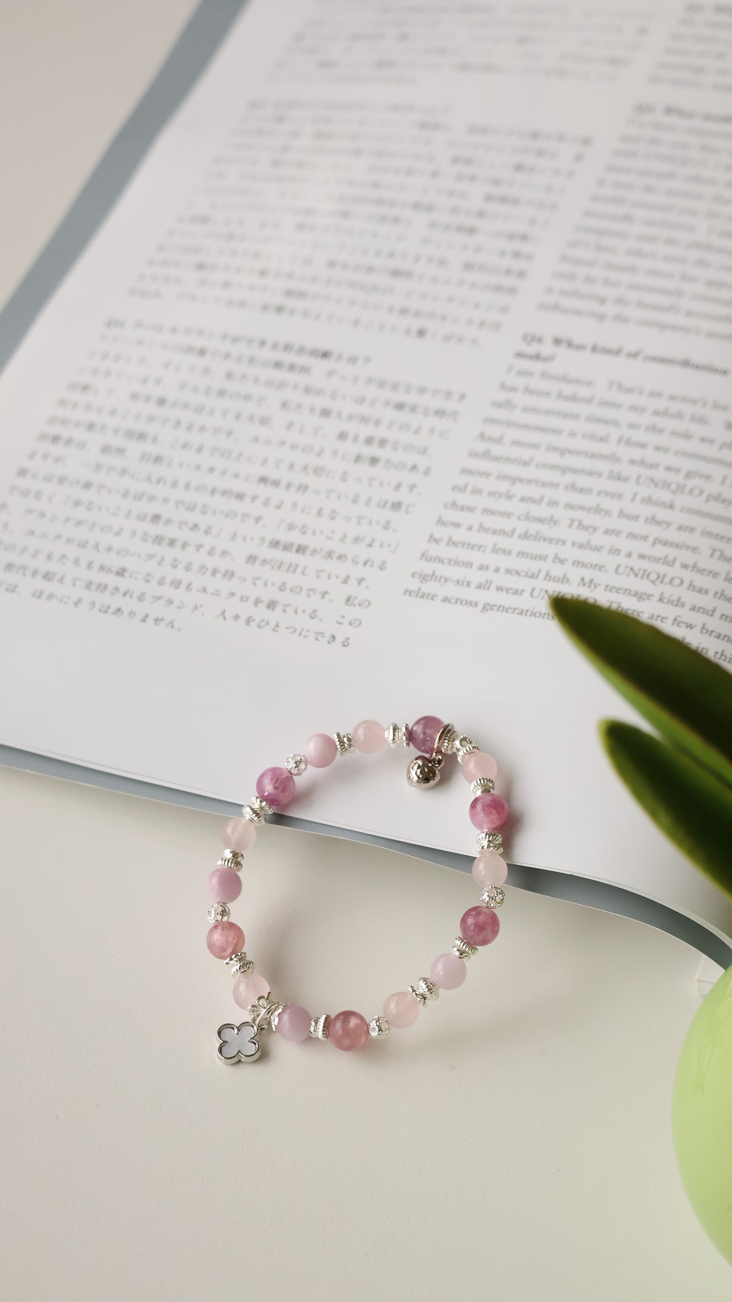 *Instocks* Mini Clover Stacker - Pink Purple Emerald Mica, Kunzite & Rose Quartz Crystal Bracelet (Elastic)