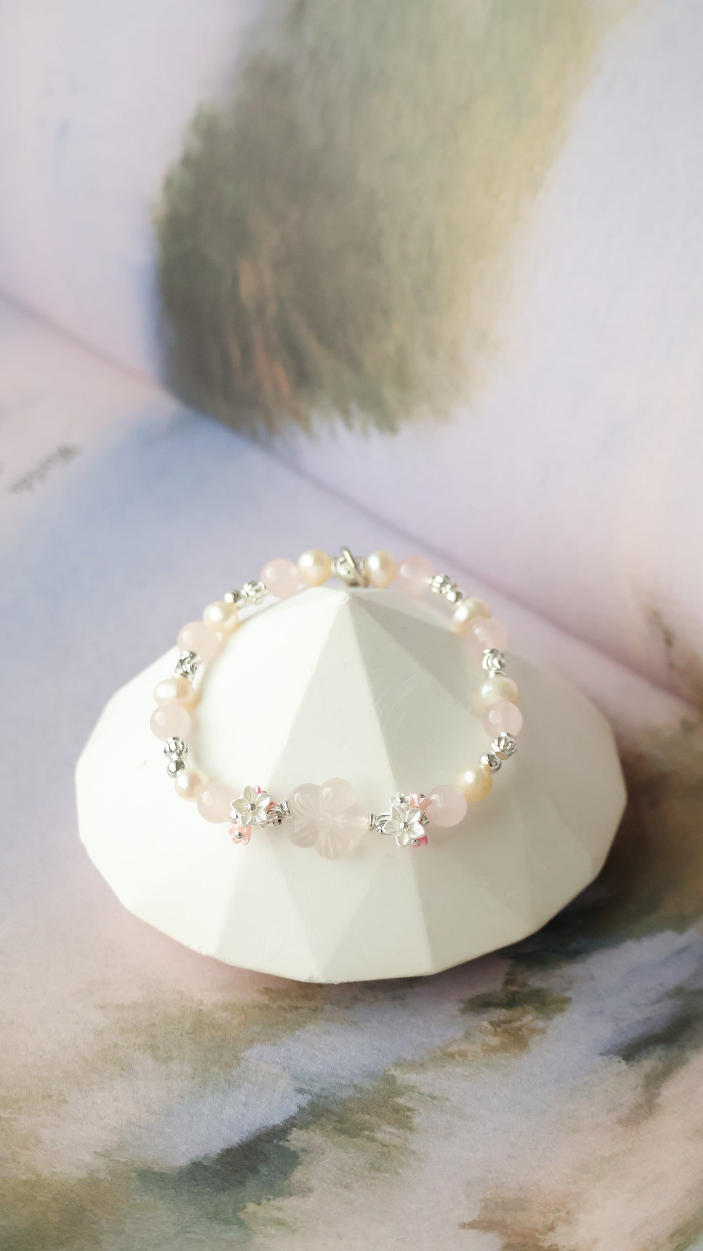 *Instocks* Sakura Flower - Rose Quartz & Freshwater Pearls with Double Bouquet Crystal Bracelet (Elastic)