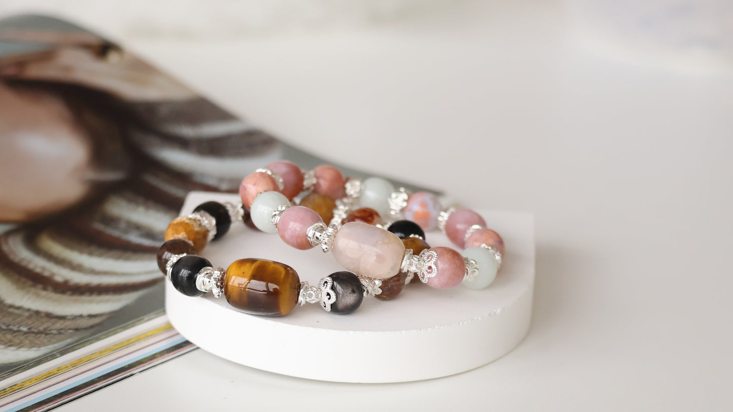 *Instocks* Rich Slushie - Tiger's Eye Barrel Freeform, Drum Silver Sheen Obsidian, Black Gold Super 7 & Faceted Fossilized Coral Jade Crystal Bracelet (Elastic)