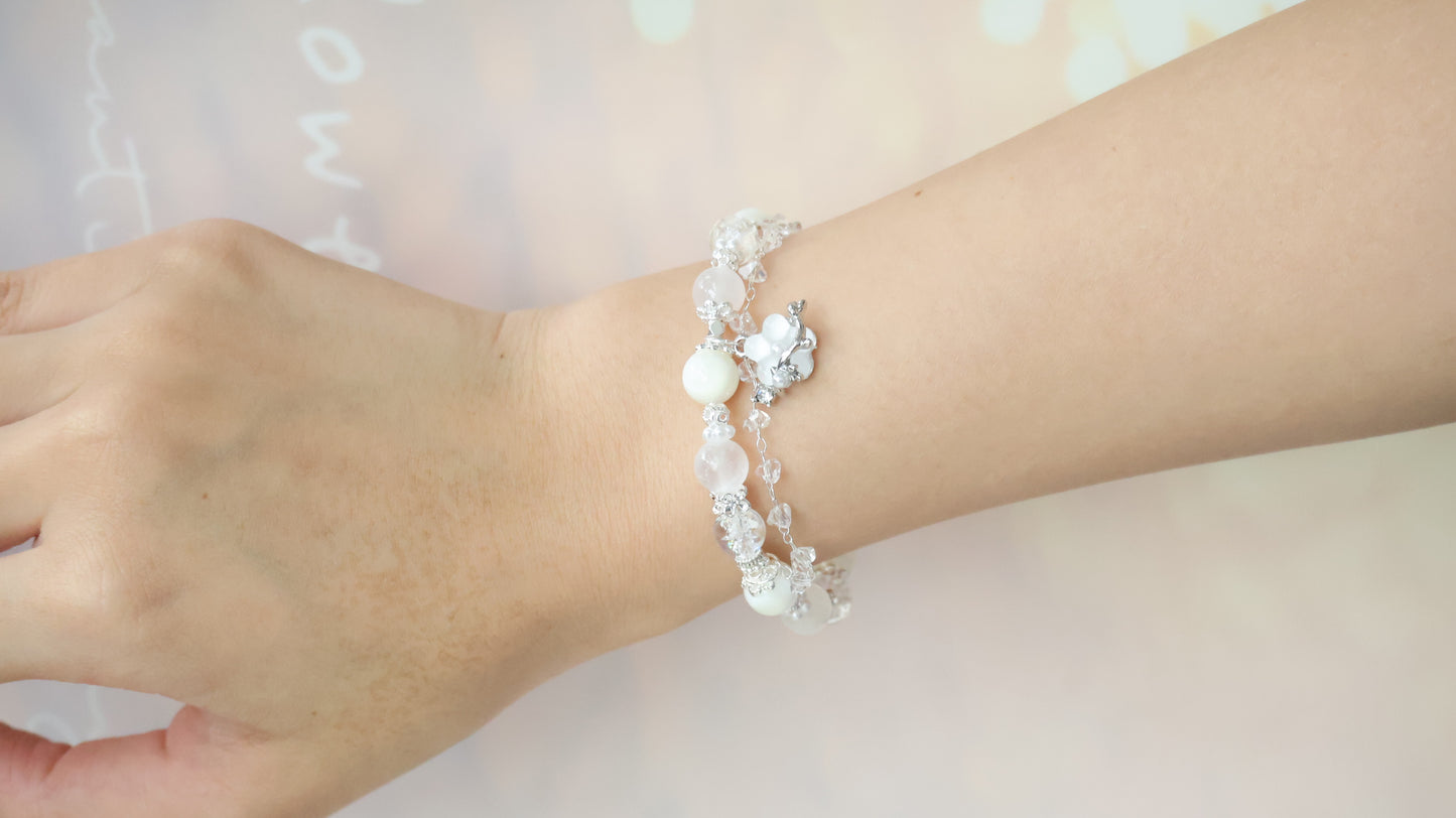 *Backorder* Florentine - Clear Quartz, White Conch & Satin Spar with Danglys and Flower Crystal Bracelet (Elastic)