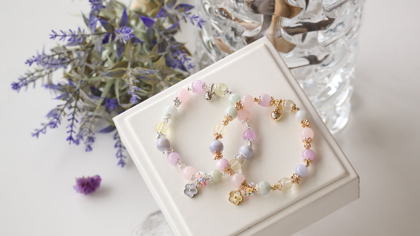 *Backorder* Duobao 多宝 Bouquet - Green Jadeite, Blue Lace Agate, Kunzite, Rose Quartz & Lemon Quartz with Laser Flower Crystal Bracelet (Elastic)