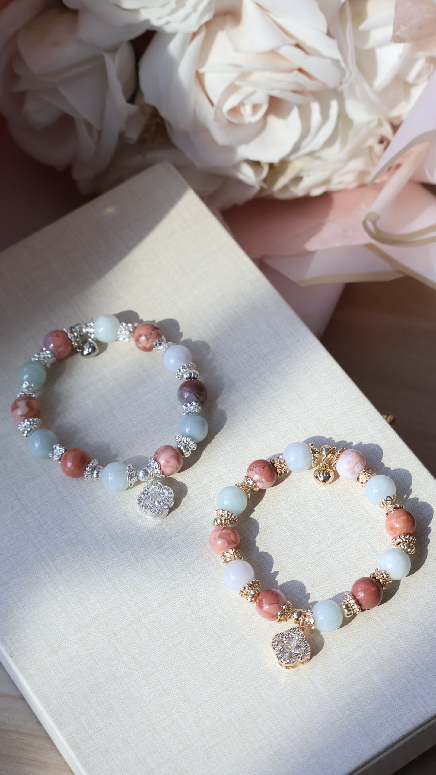 *Backorder* Cordelia Twin - Green Jadeite & Flower Agate with Sparkly Clover Crystal Bracelet (Elastic)