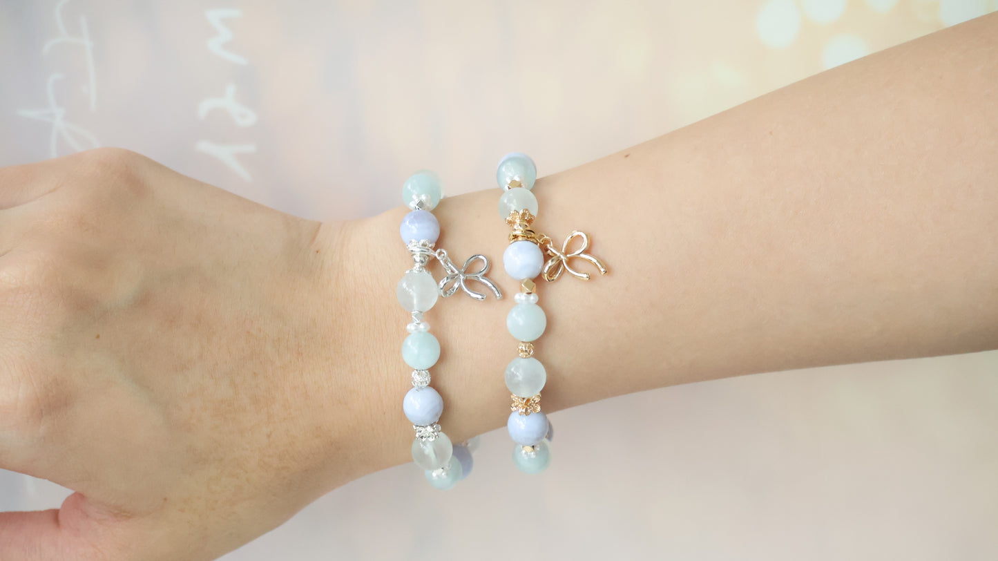 *Backorder* Musa - Blue Lace Agate, Aquamarine & Milky Aquamarine with Bow Crystal Bracelet (Elastic)
