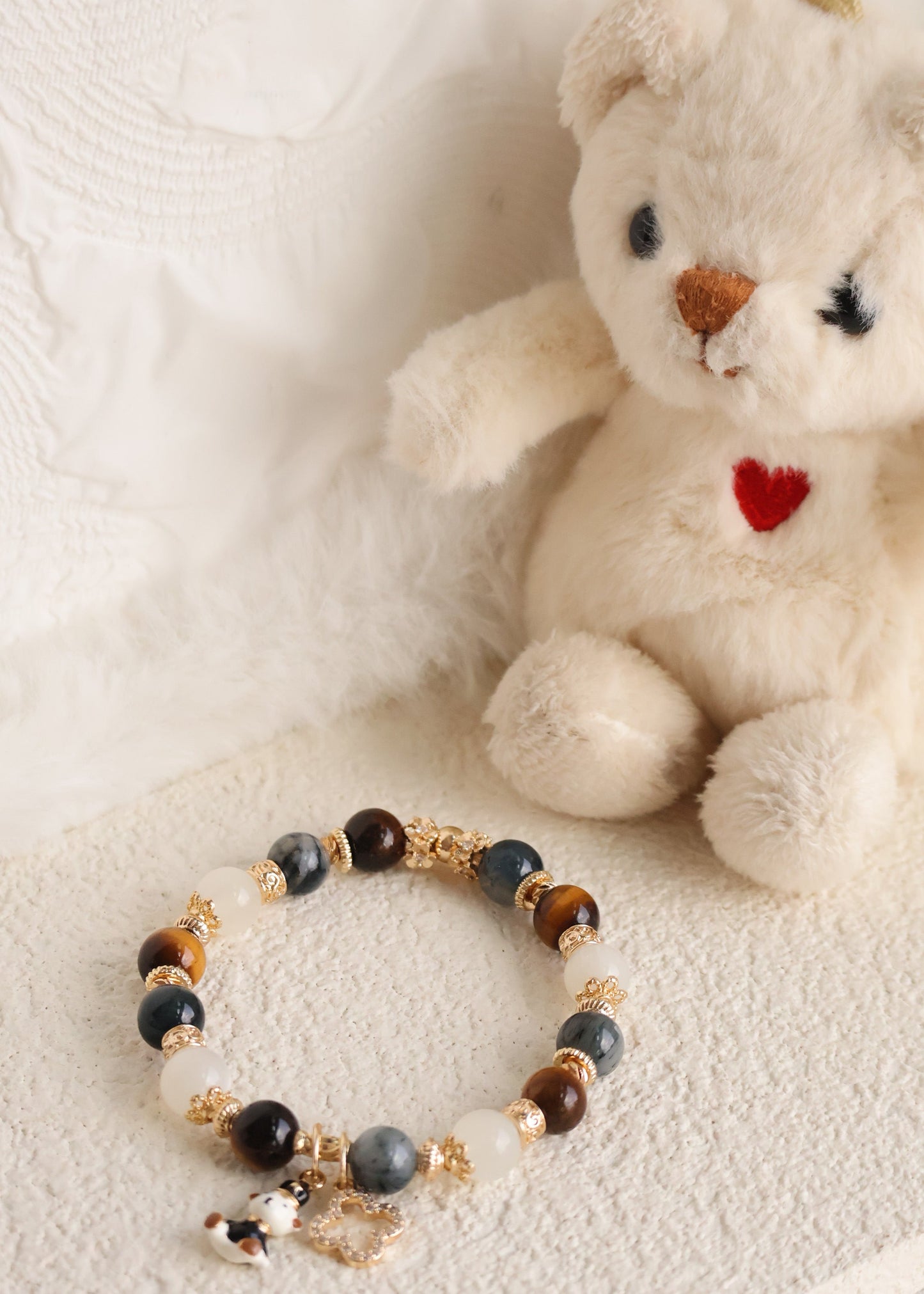 *Instocks* 6mm/8mm/10mm Polo RL - Pietersite, Tiger's Eye & Moonstone with Bear & Clover Crystal Bracelet (Elastic)