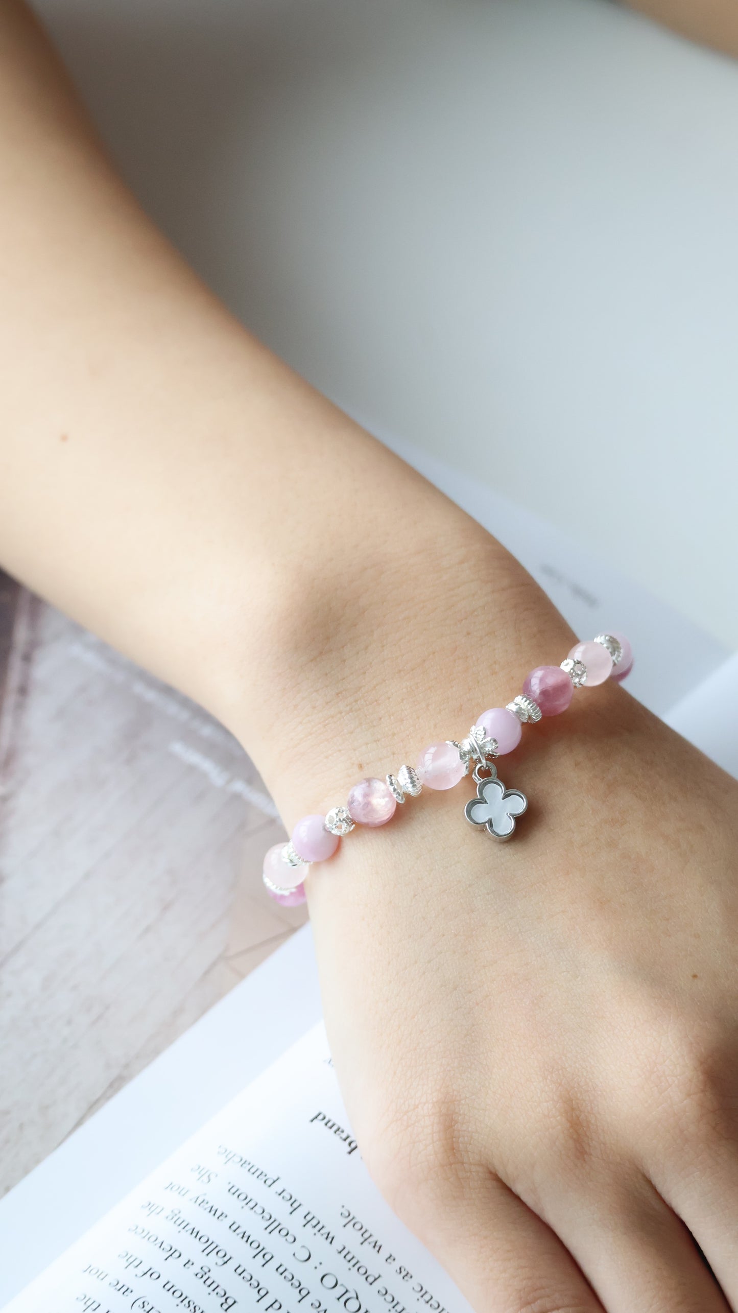 *Instocks* Mini Clover Stacker - Pink Purple Emerald Mica, Kunzite & Rose Quartz Crystal Bracelet (Elastic)