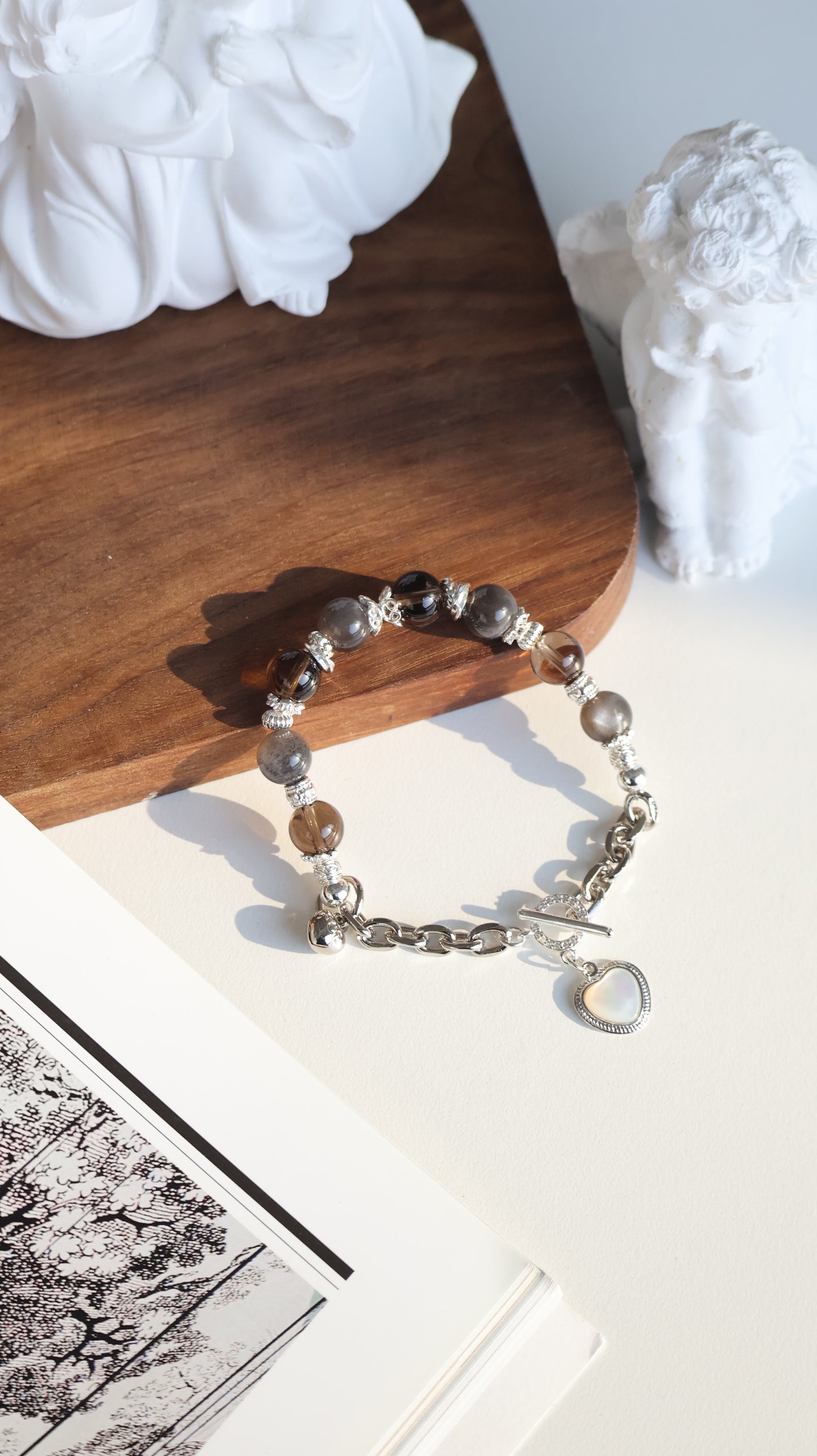 *Instocks* Smoky Quartz and Black Gold Skeletal Sunstone with Chain & OT Clasp with MOP Heart Crystal Bracelet (Elastic)