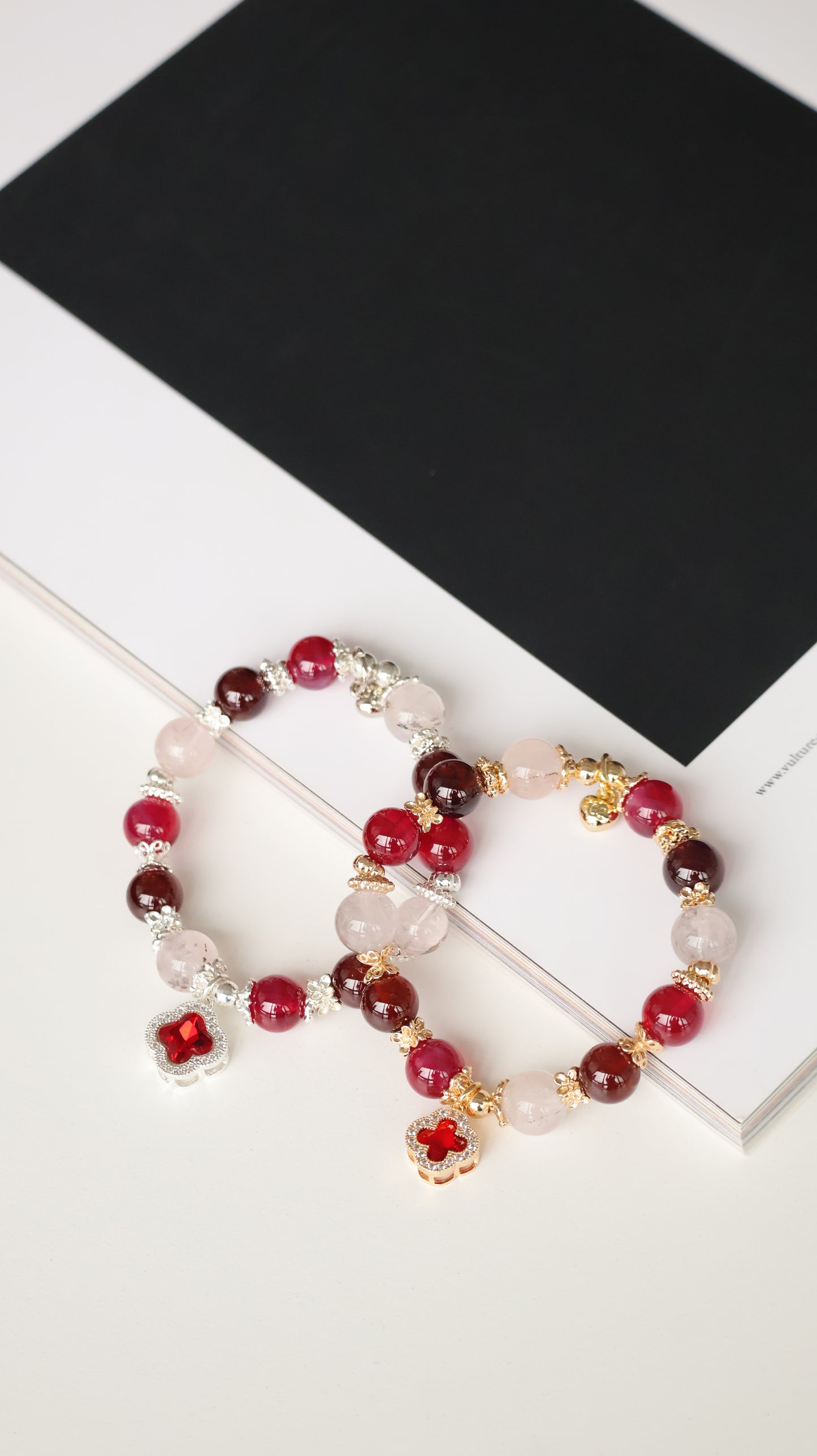 *Instocks* Cordelia Twin - Ruby, Garnet & Dendritic Rose Quartz with Sparkly Red Clover Crystal Bracelet (Elastic)