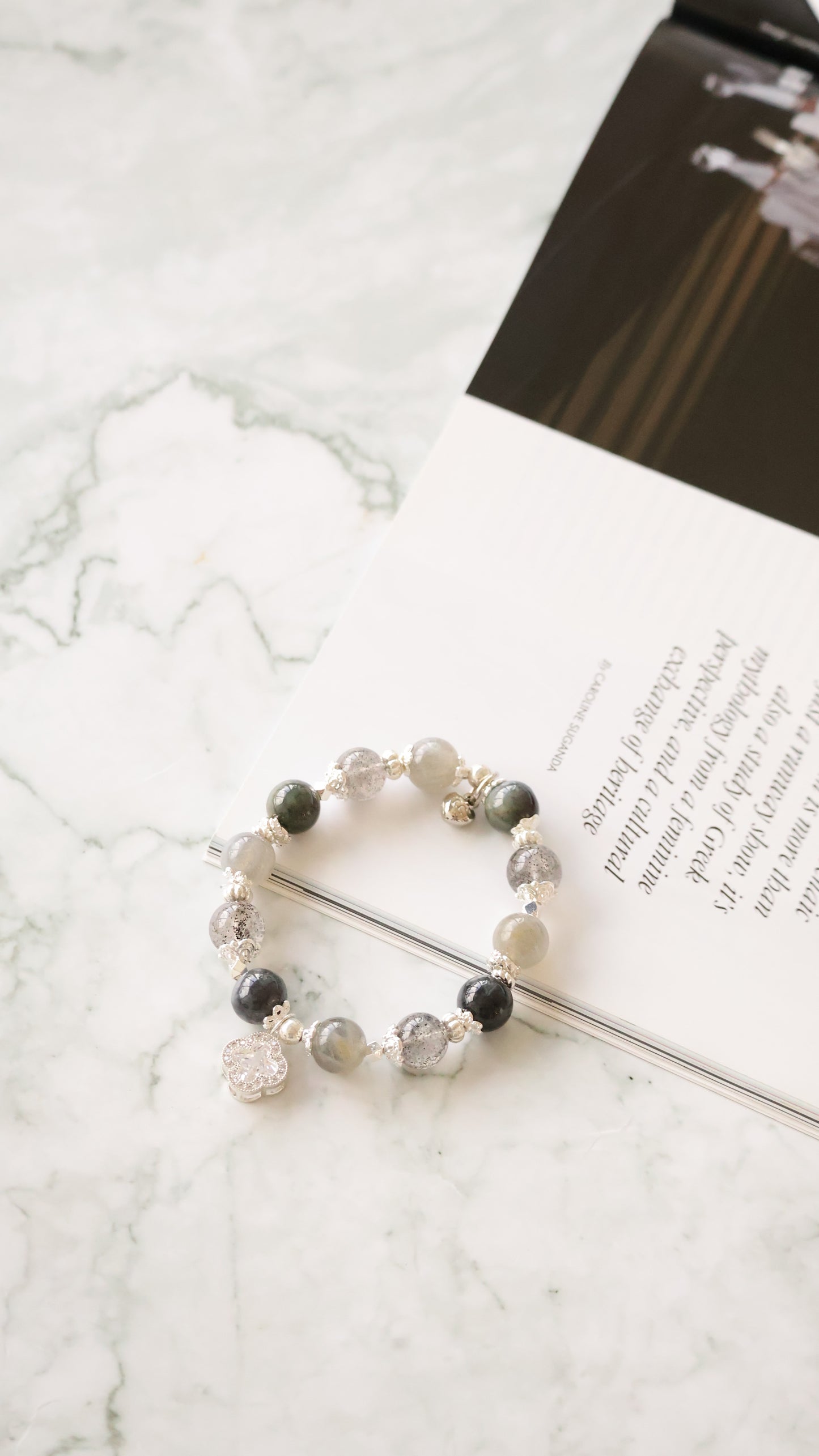 *Backorder* Cordelia Twin - Wuji Jadeite, Labradorite & Black Strawberry Quartz with Sparkly Clover Crystal Bracelet (Elastic)