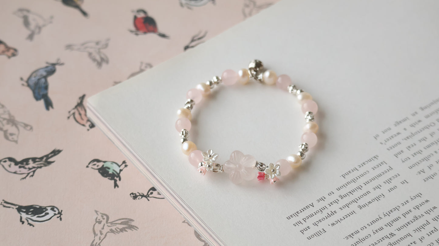*Instocks* Sakura Flower - Rose Quartz & Freshwater Pearls with Double Bouquet Crystal Bracelet (Elastic)