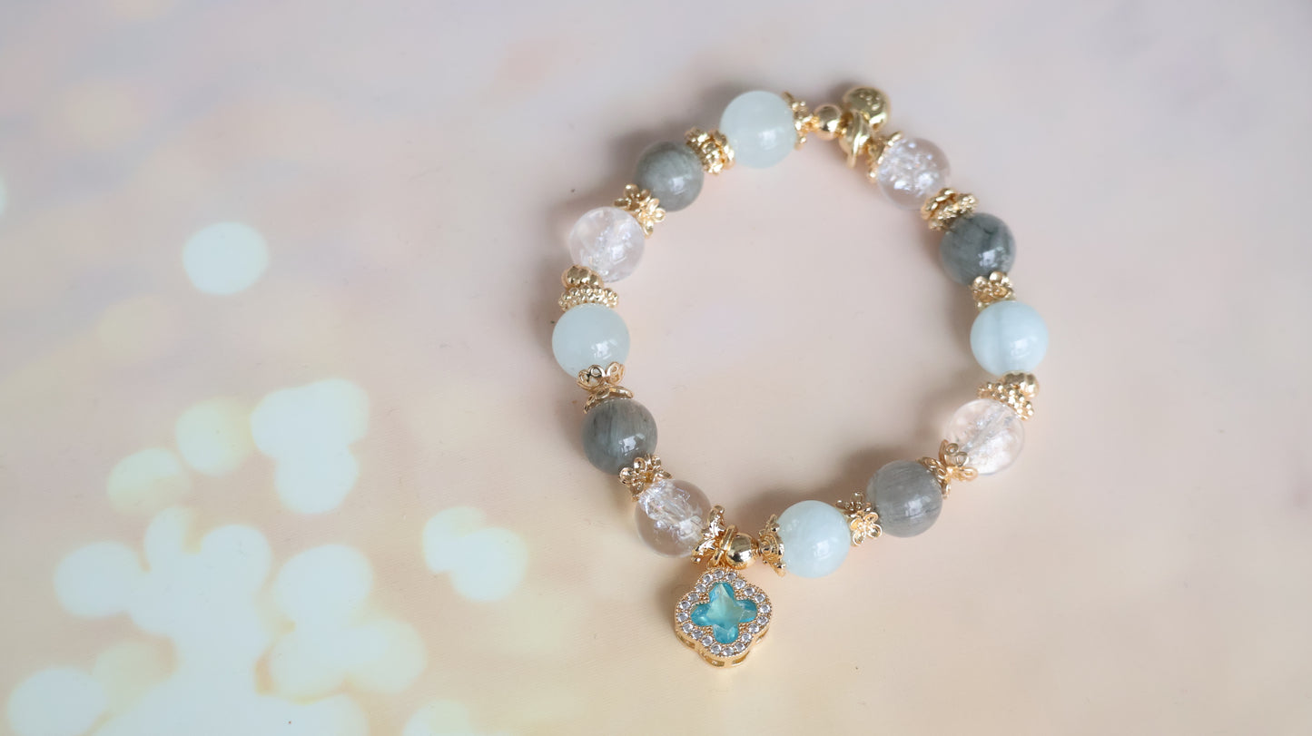 *Instocks* Cordelia Twin - Milky Aquamarine, Grey Rabbit Hair & Crackled Clear Quartz with Sparkly Blue Clover Crystal Bracelet (Elastic)