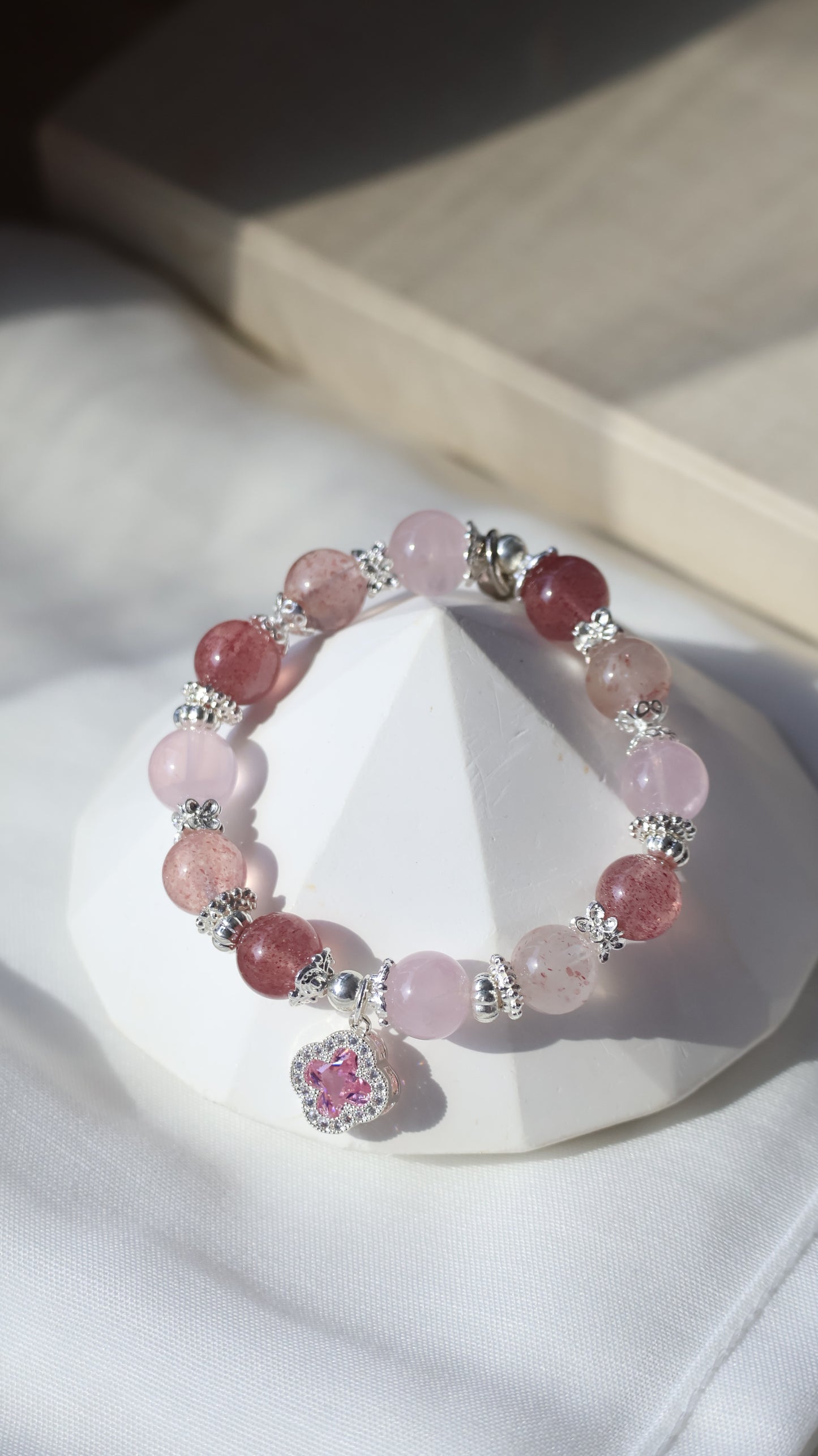 *Backorder* Cordelia Twin - Strawberry Quartz & Rose Quartz with Sparkly Pink Clover Crystal Bracelet (Elastic)