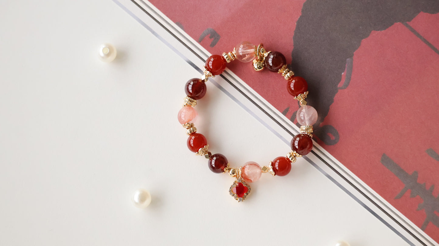 *Backorder* Blaze - Carnelian, Garnet & Fire Quartz with Red Clover Crystal Bracelet (Elastic)