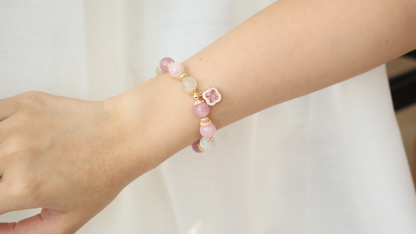 *Backorder* Cordelia Twin - Lavender Rose Quartz, Rose Quartz & White Flash Moonstone with Sparkly Pink Clover Crystal Bracelet (Elastic)