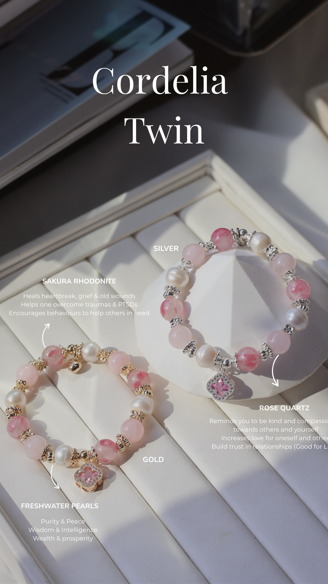 *Backorder* Cordelia Twin - Sakura Rhodonite, Rose Quartz & Freshwater Pearl with Sparkly Pink Clover Crystal Bracelet (Elastic)