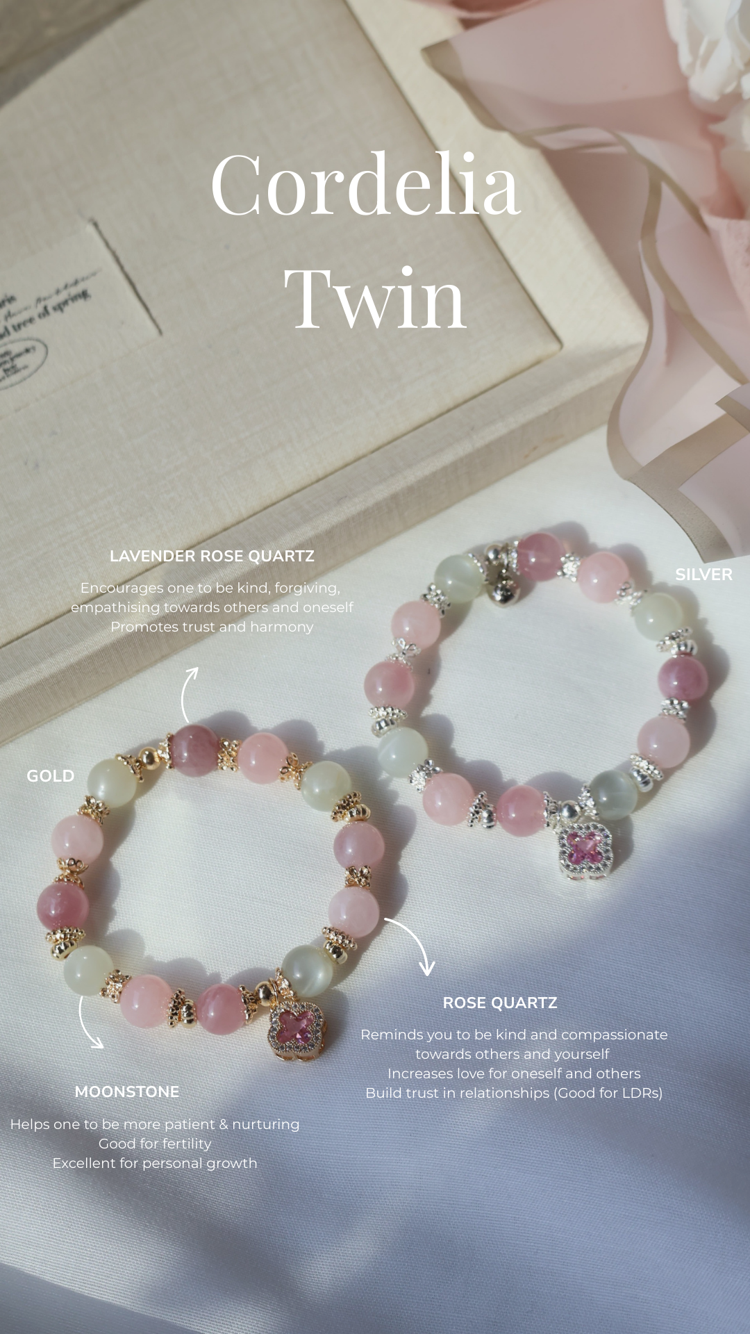 *Backorder* Cordelia Twin - Lavender Rose Quartz, Rose Quartz & White Flash Moonstone with Sparkly Pink Clover Crystal Bracelet (Elastic)