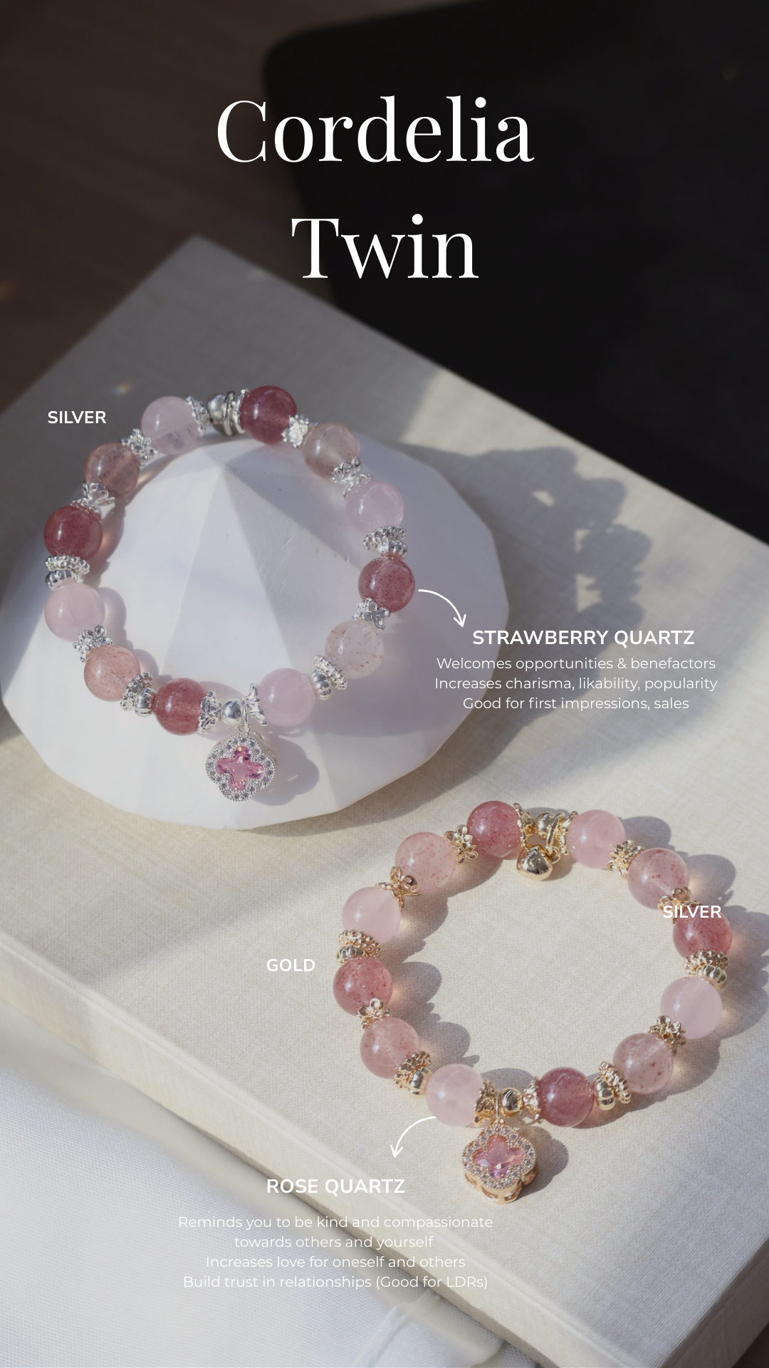 *Backorder* Cordelia Twin - Strawberry Quartz & Rose Quartz with Sparkly Pink Clover Crystal Bracelet (Elastic)