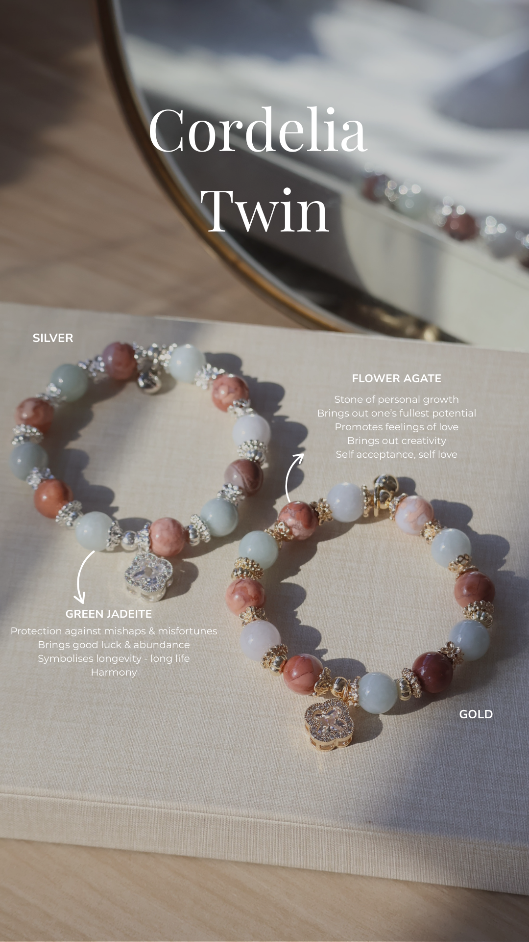 *Backorder* Cordelia Twin - Green Jadeite & Flower Agate with Sparkly Clover Crystal Bracelet (Elastic)