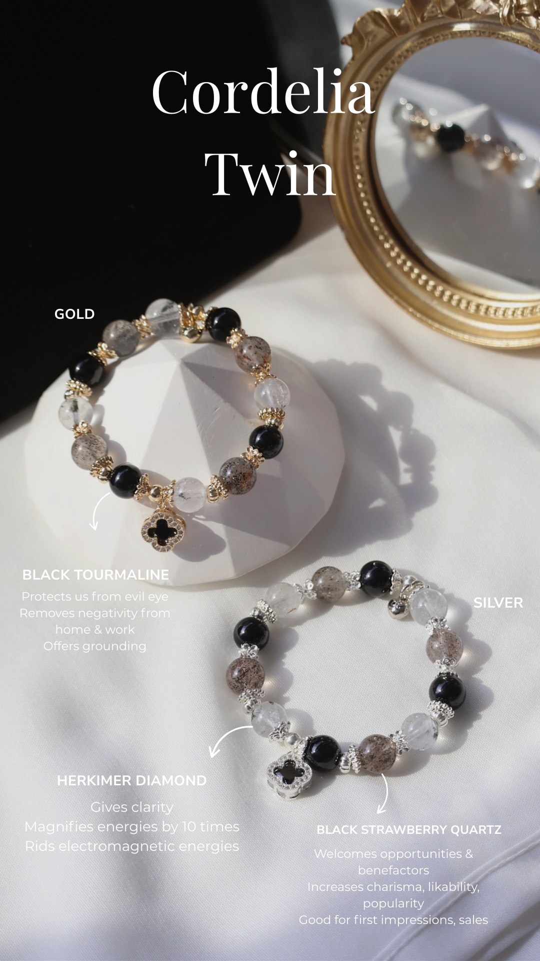 *Backorder* Cordelia Twin - Black Strawberry Quartz, Black Tourmaline & Herkimer Diamond with Sparkly Black Clover Crystal Bracelet (Elastic)