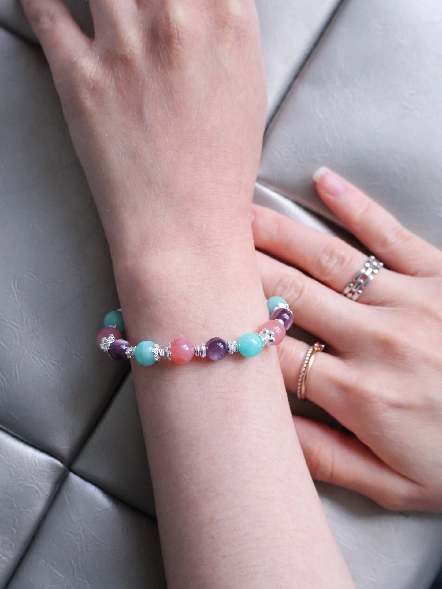 Yan Yuan Agate, Amazonite & Lepidolite Crystal Bracelet — Virgo Horoscope Series | 8mm (Elastic)