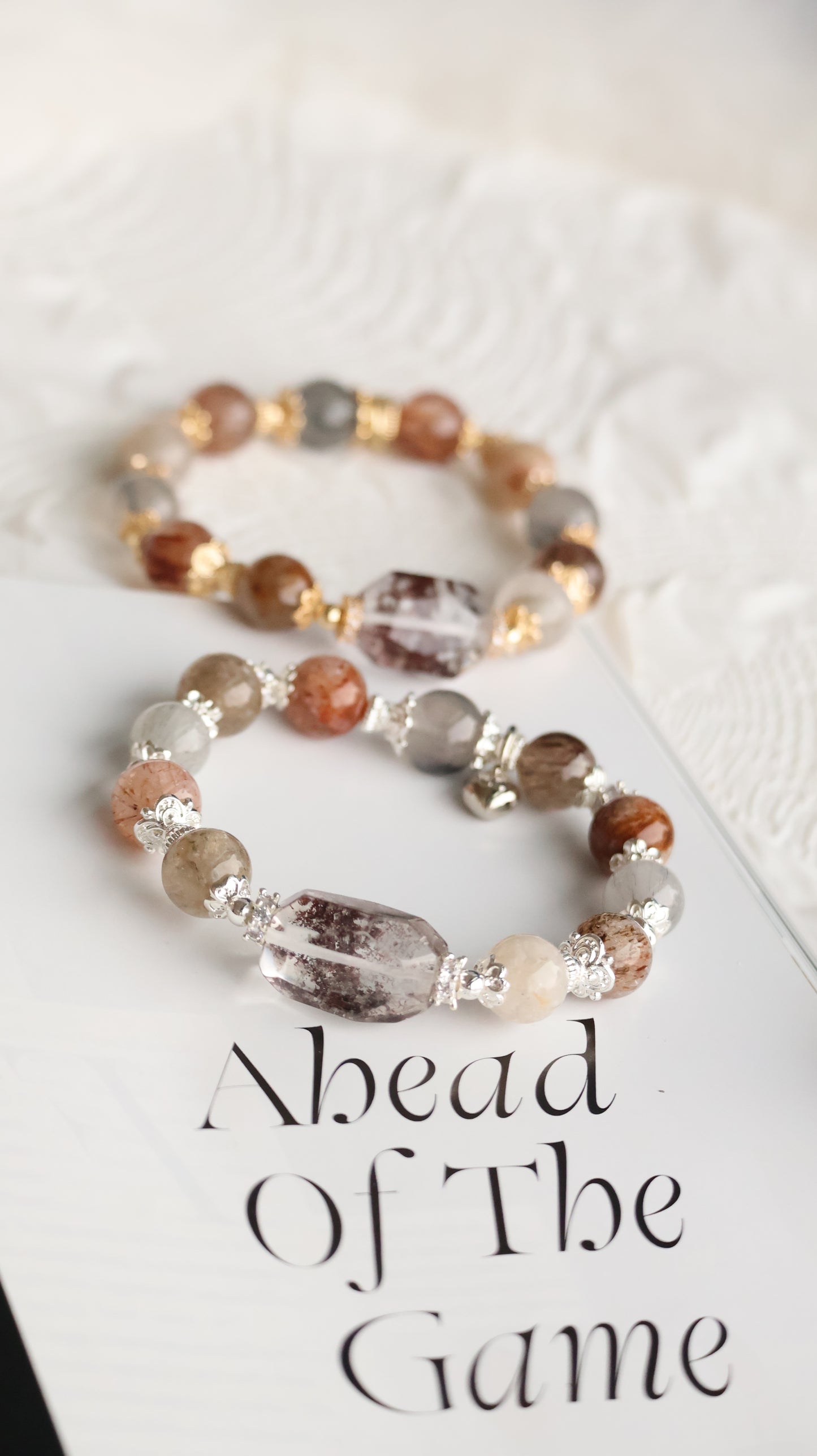 *Instocks* Black Gold Super 7, Garden Quartz & Grey Rabbit Hair with Garden Quartz Freeform Crystal Bracelet (Elastic)