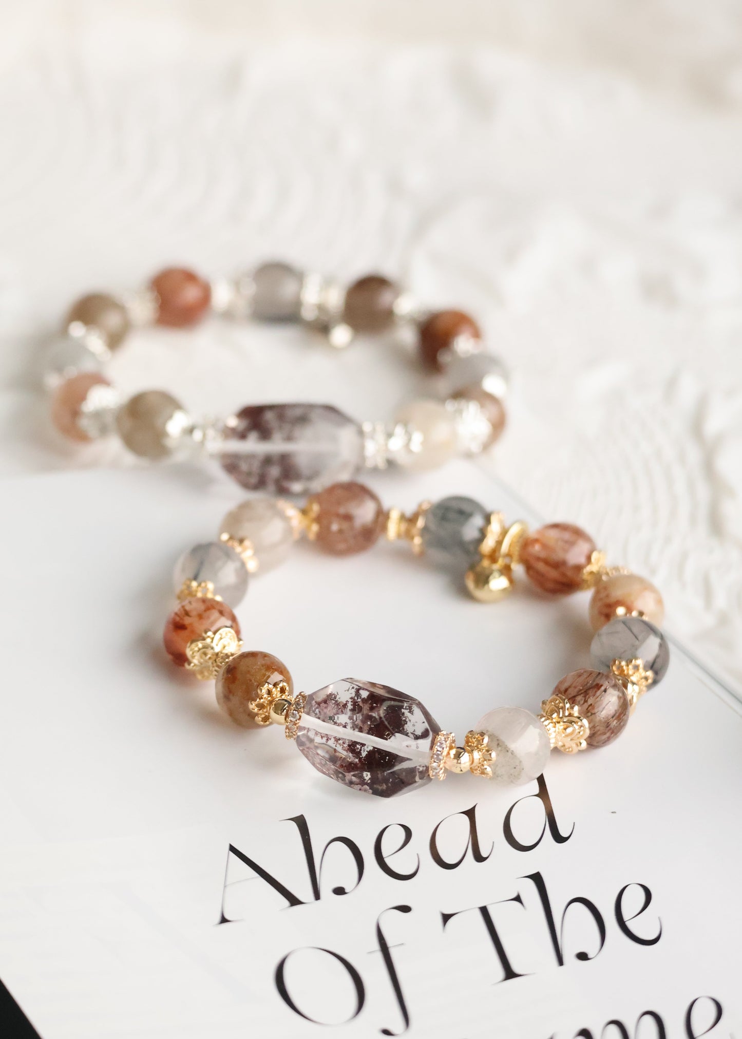 *Instocks* Black Gold Super 7, Garden Quartz & Grey Rabbit Hair with Garden Quartz Freeform Crystal Bracelet (Elastic)