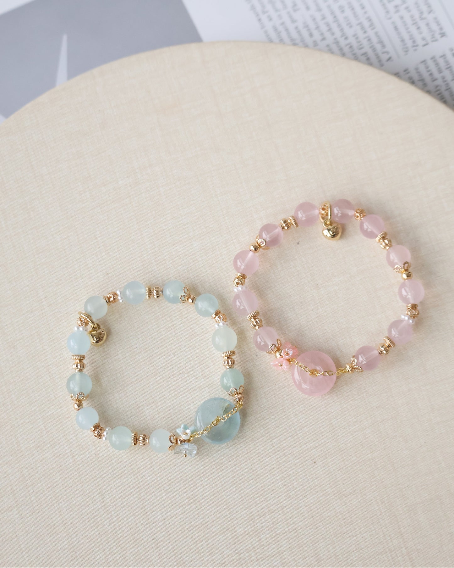 *Instocks* 8mm Erilyn(Aquamarine) & Annelina(Rose Quartz) Ping An Kou 平安扣 with Bouquet (Elastic) Gold & Silver