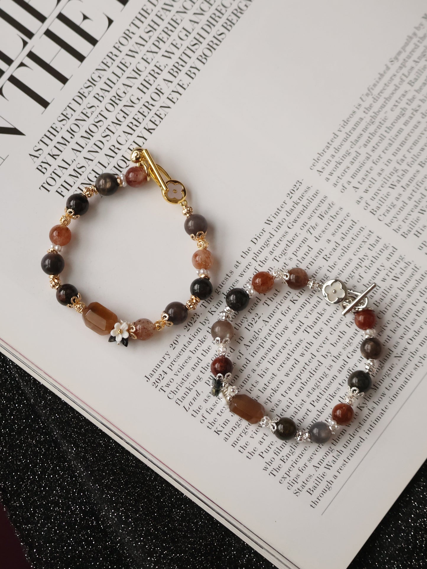 *Instocks* Cocoa - 8mm Garden Quartz, Black Gold Skeletal Sunstone and Black Gold Super 7 w Bouquet & OT Clasp