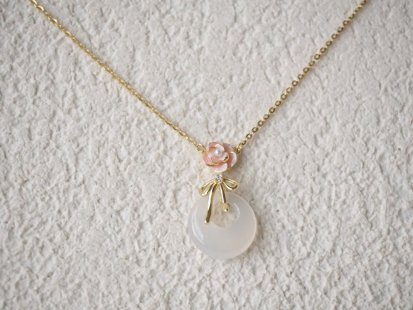 *Instocks* Zahra White Agate Ping An Kou with Ribbon & Pink Flower S925 Necklace